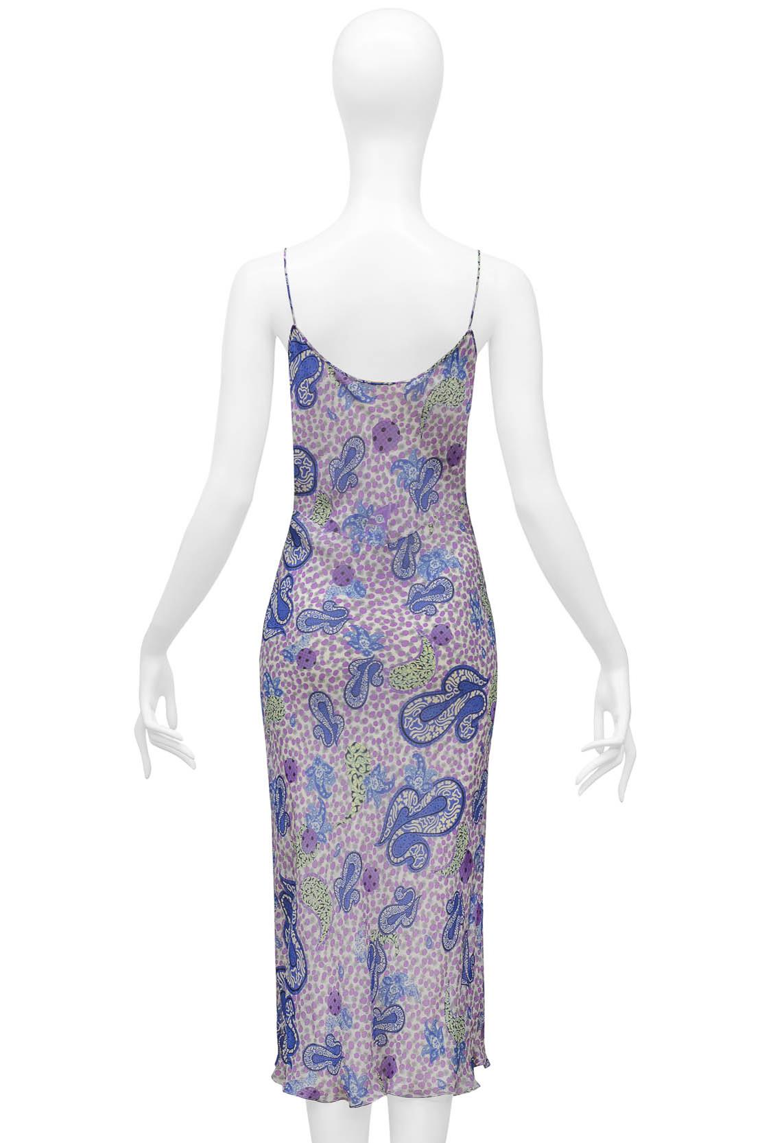 Women's John Galliano Purple & Blue Paisley Patterned Silk Chiffon Slip Dress For Sale