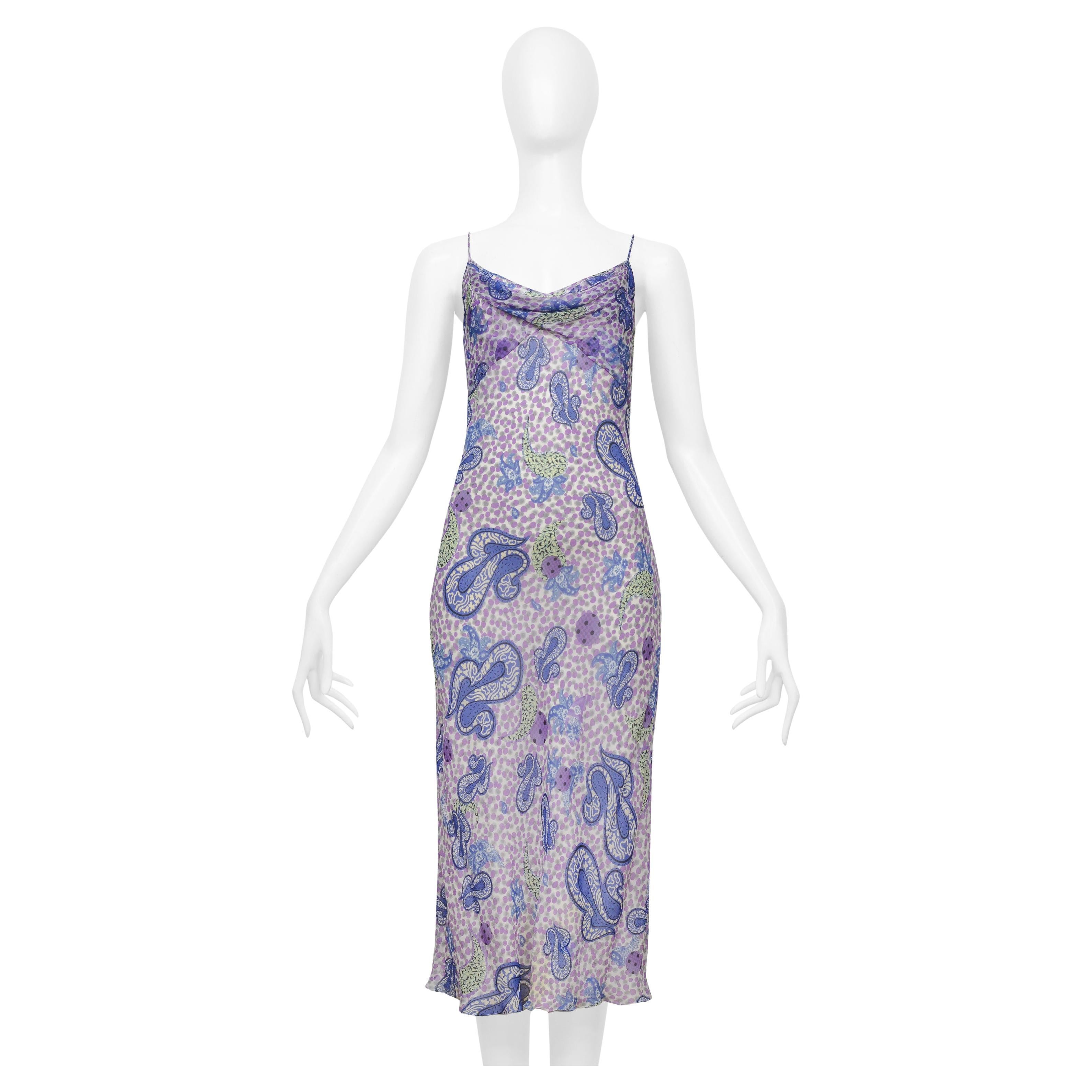 John Galliano Purple & Blue Paisley Patterned Silk Chiffon Slip Dress For Sale