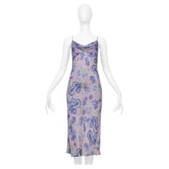 John Galliano Purple & Blue Paisley Patterned Silk Chiffon Slip Dress