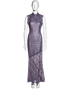 John Galliano purple ribbon crochet bias-cut maxi dress, fw 2001