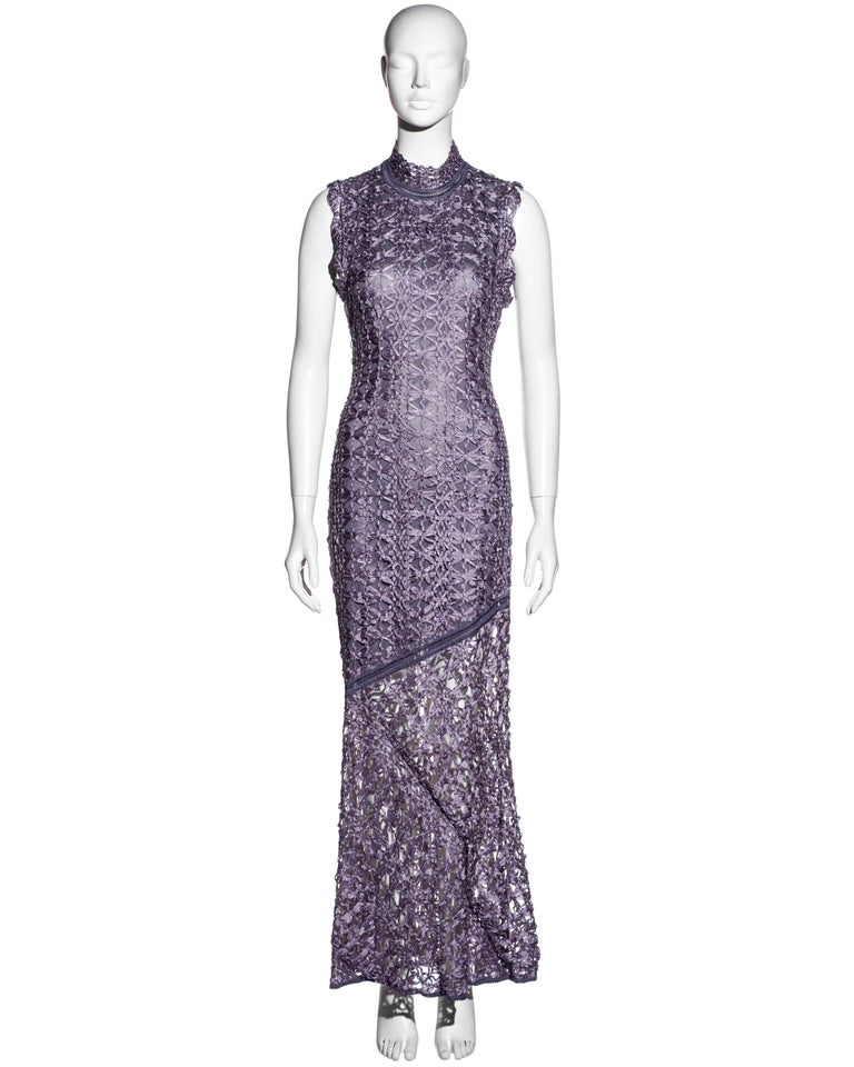 John Galliano purple ribbon crochet bias-cut maxi dress, fw 2001 