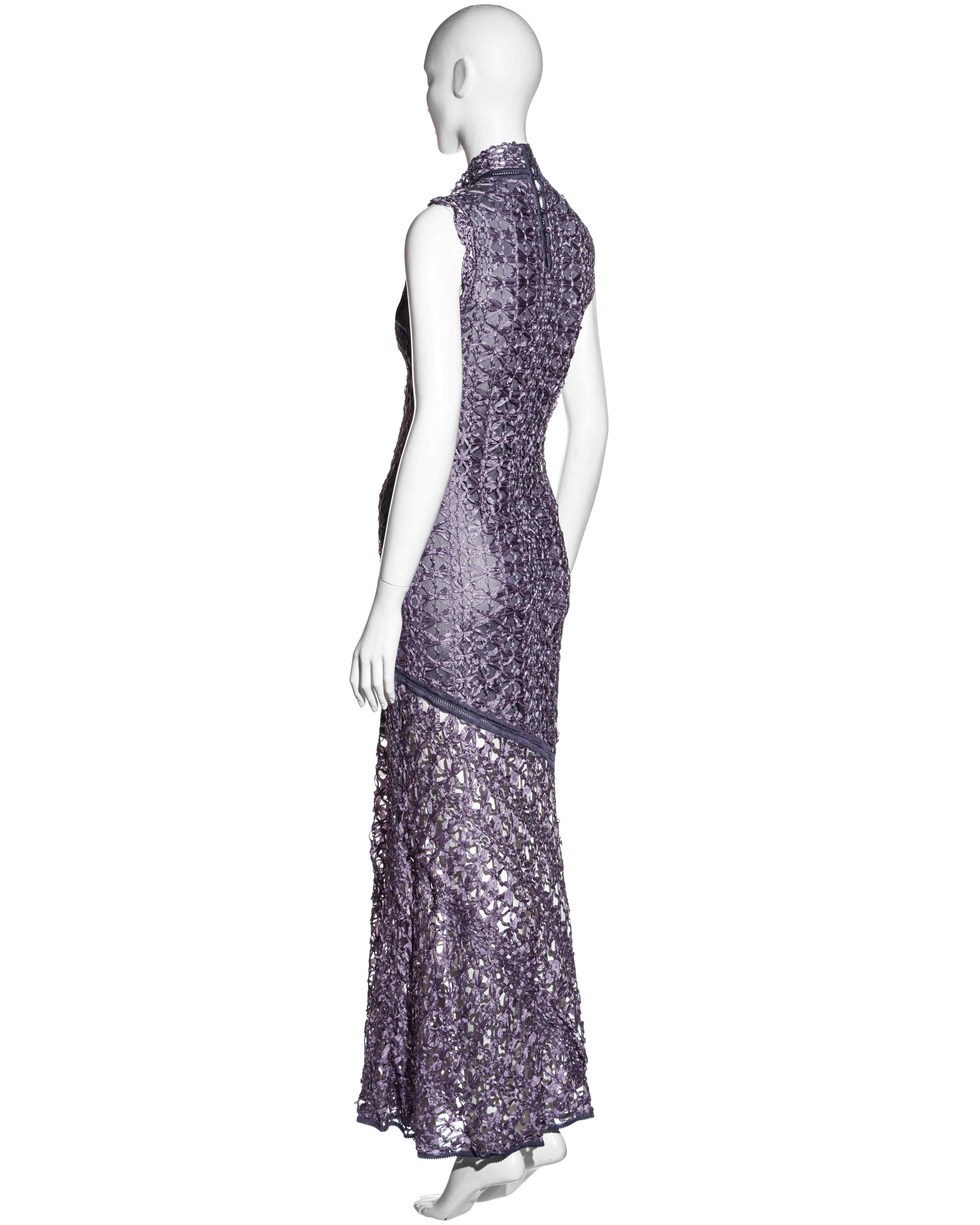 Gray John Galliano purple ribbon crochet bias-cut maxi dress, fw 2001 For Sale