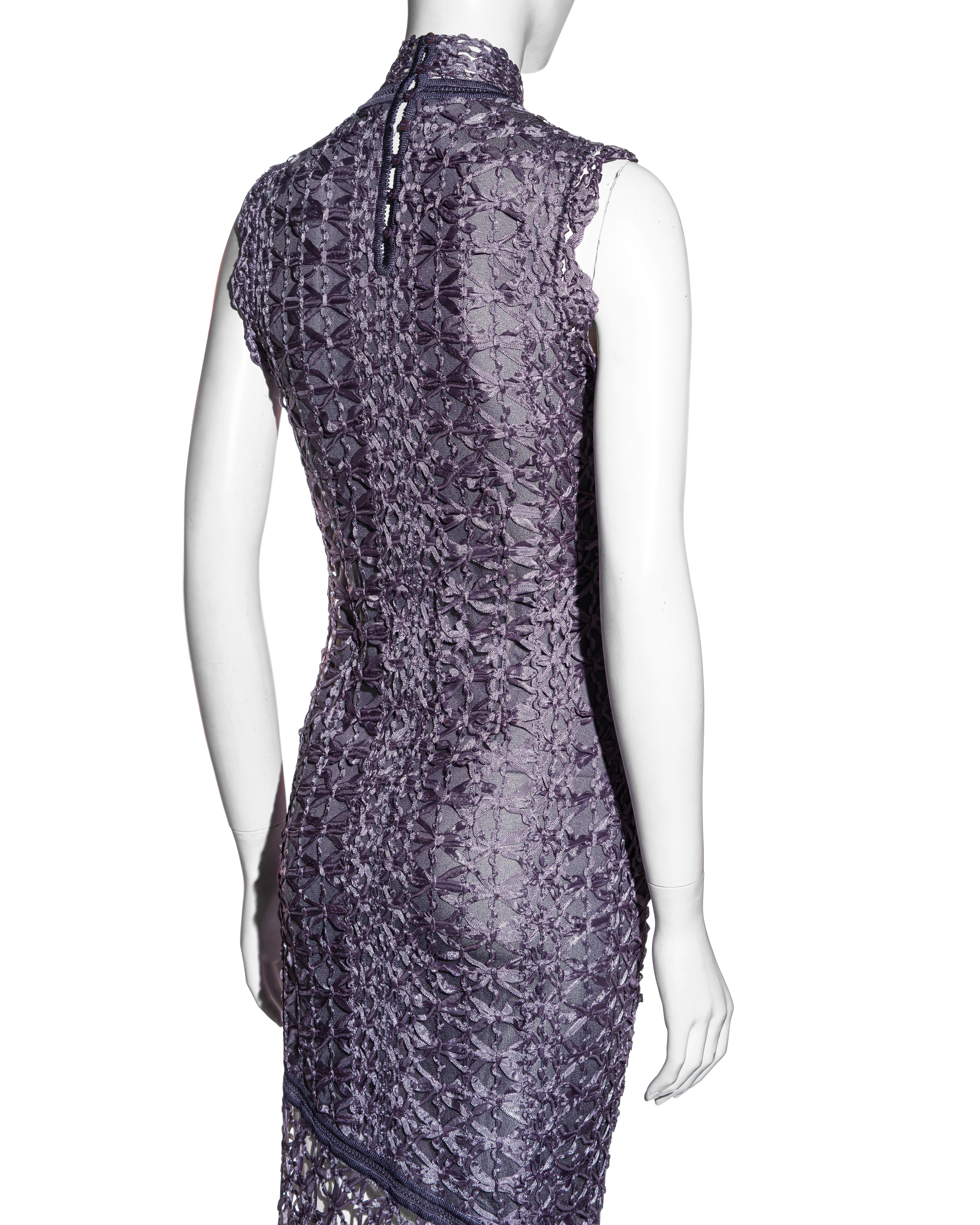 John Galliano purple ribbon crochet bias-cut maxi dress, fw 2001 In Excellent Condition For Sale In London, GB