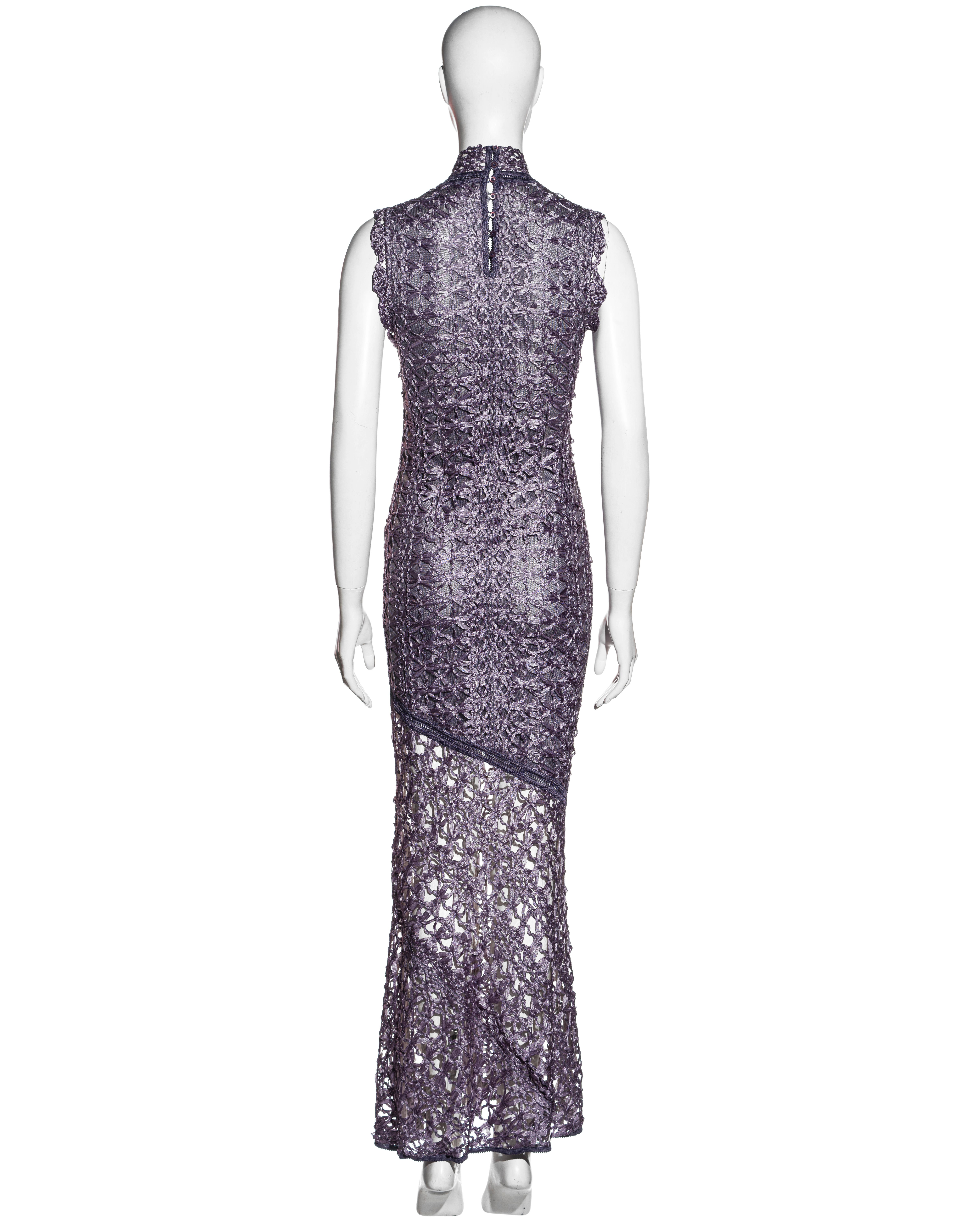 Women's John Galliano purple ribbon crochet bias-cut maxi dress, fw 2001 For Sale