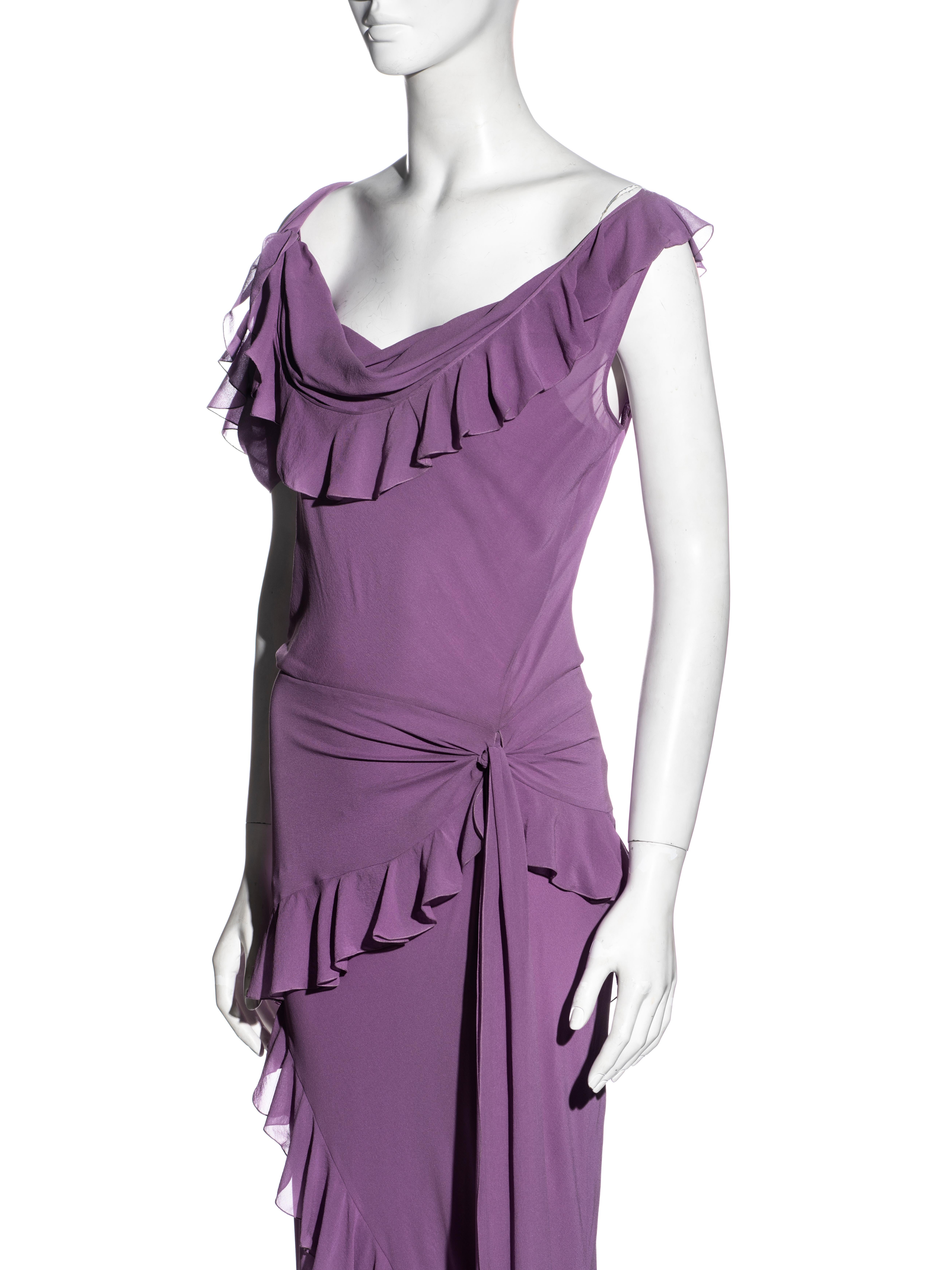 Gray John Galliano purple silk bias-cut evening dress with frills, ss 2002
