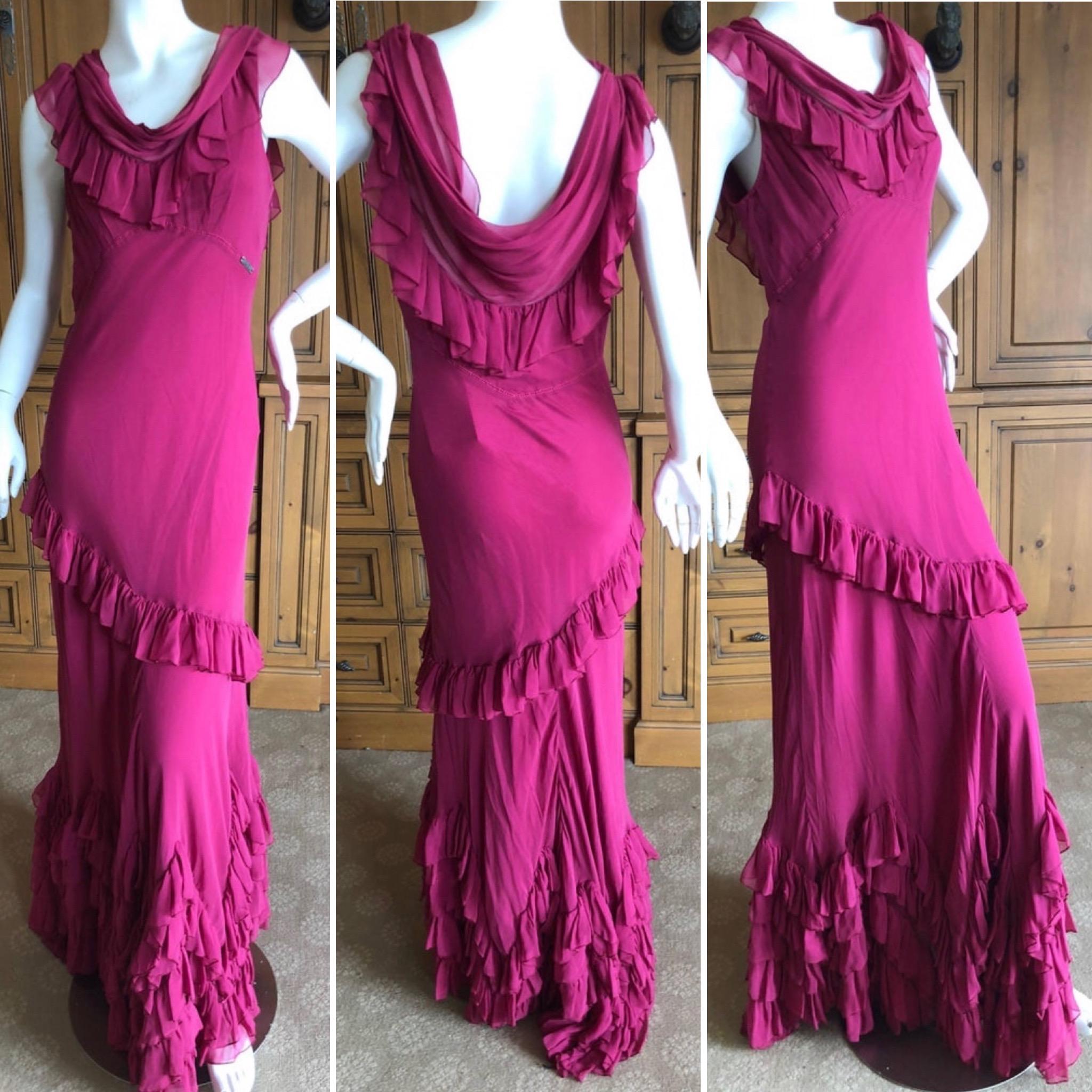 John Galliano Raspberry Sheer Vintage Silk Ruffled Evening Dress with Cowl Back 
Size 42
 Bust 38