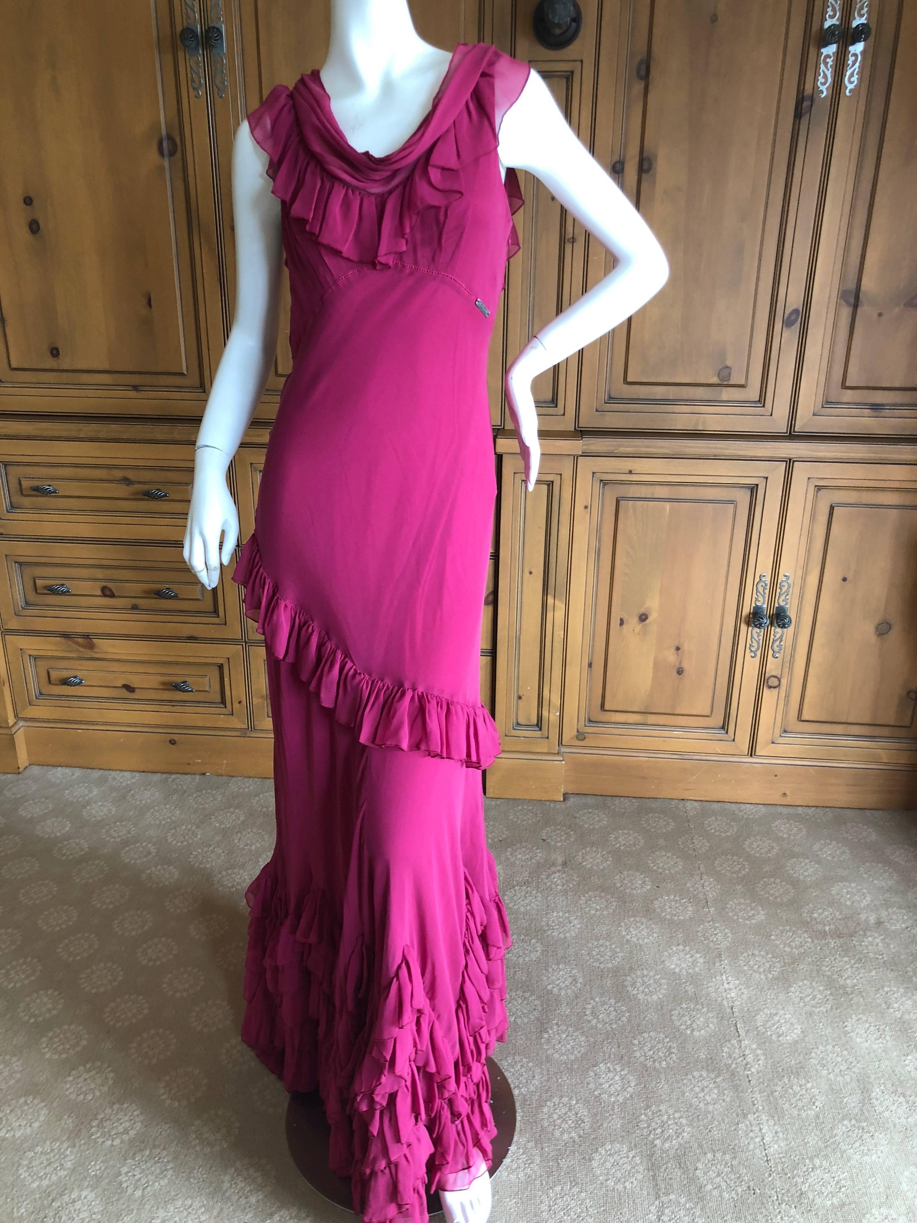 Purple John Galliano Raspberry Sheer Vintage Silk Ruffled Evening Dress with Cowl Back  For Sale