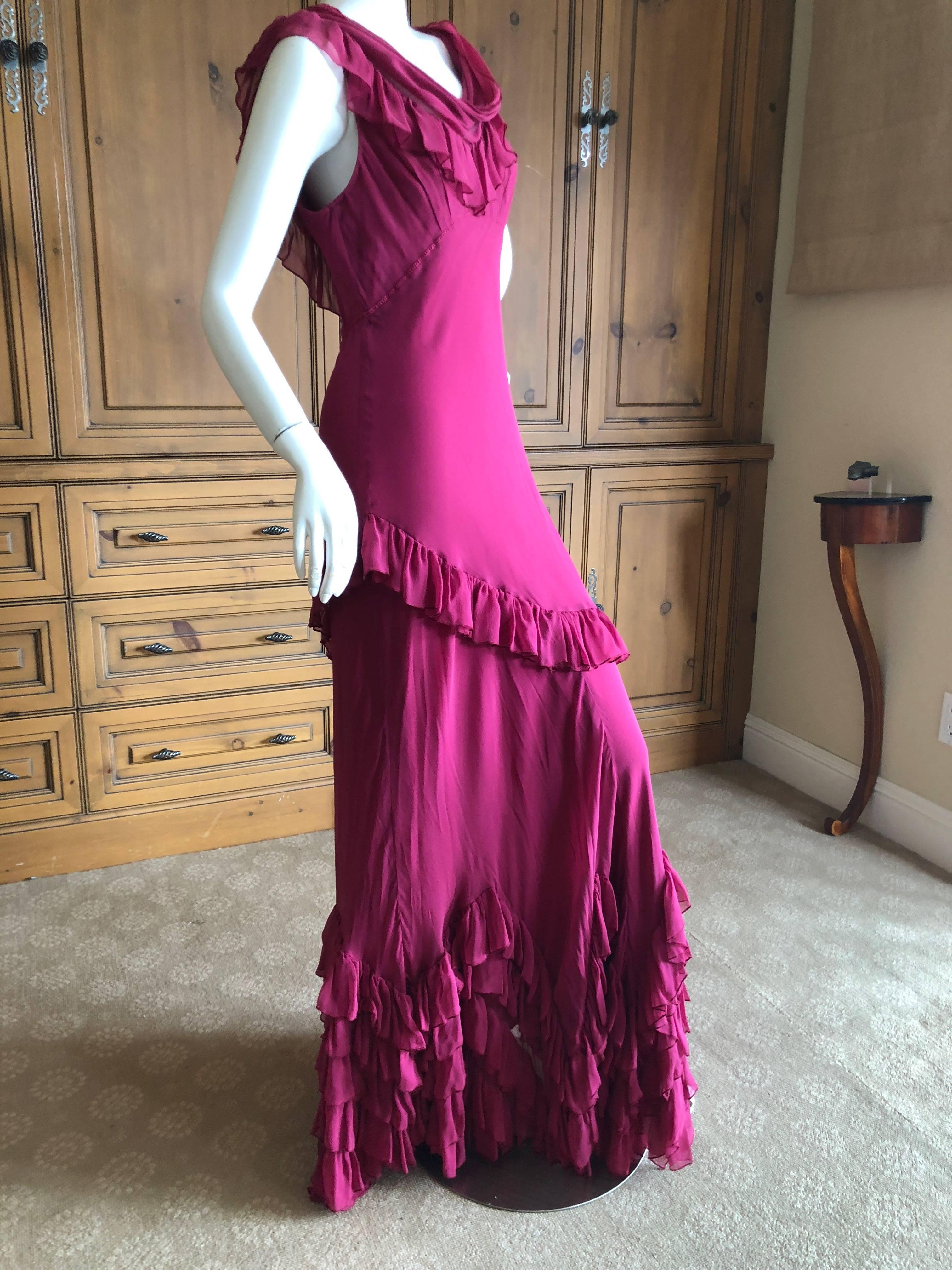 John Galliano Raspberry Sheer Vintage Silk Ruffled Evening Dress with Cowl Back  In New Condition For Sale In Cloverdale, CA