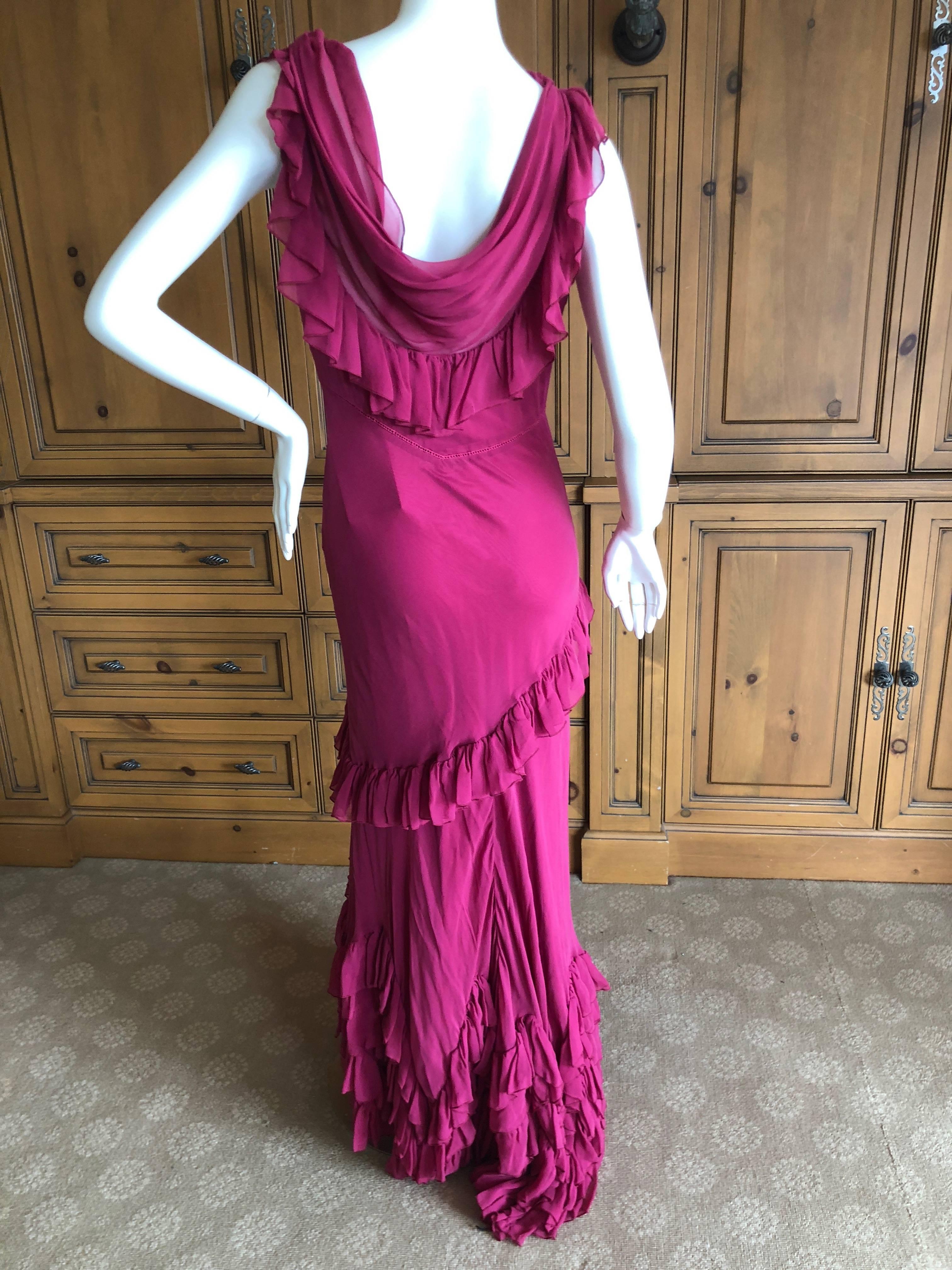 John Galliano Raspberry Sheer Vintage Silk Ruffled Evening Dress with Cowl Back  For Sale 1