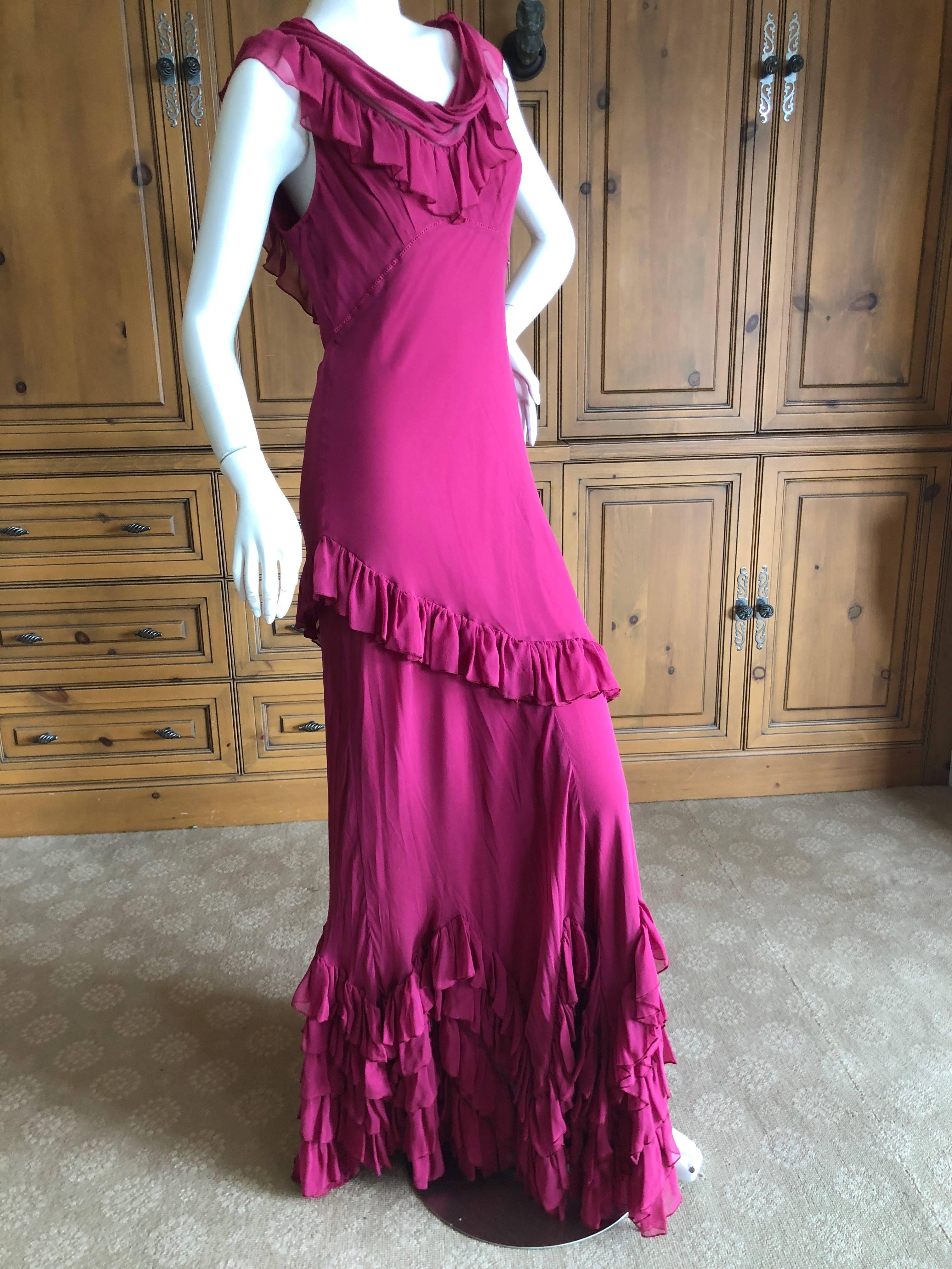John Galliano Raspberry Sheer Vintage Silk Ruffled Evening Dress with Cowl Back  For Sale 2