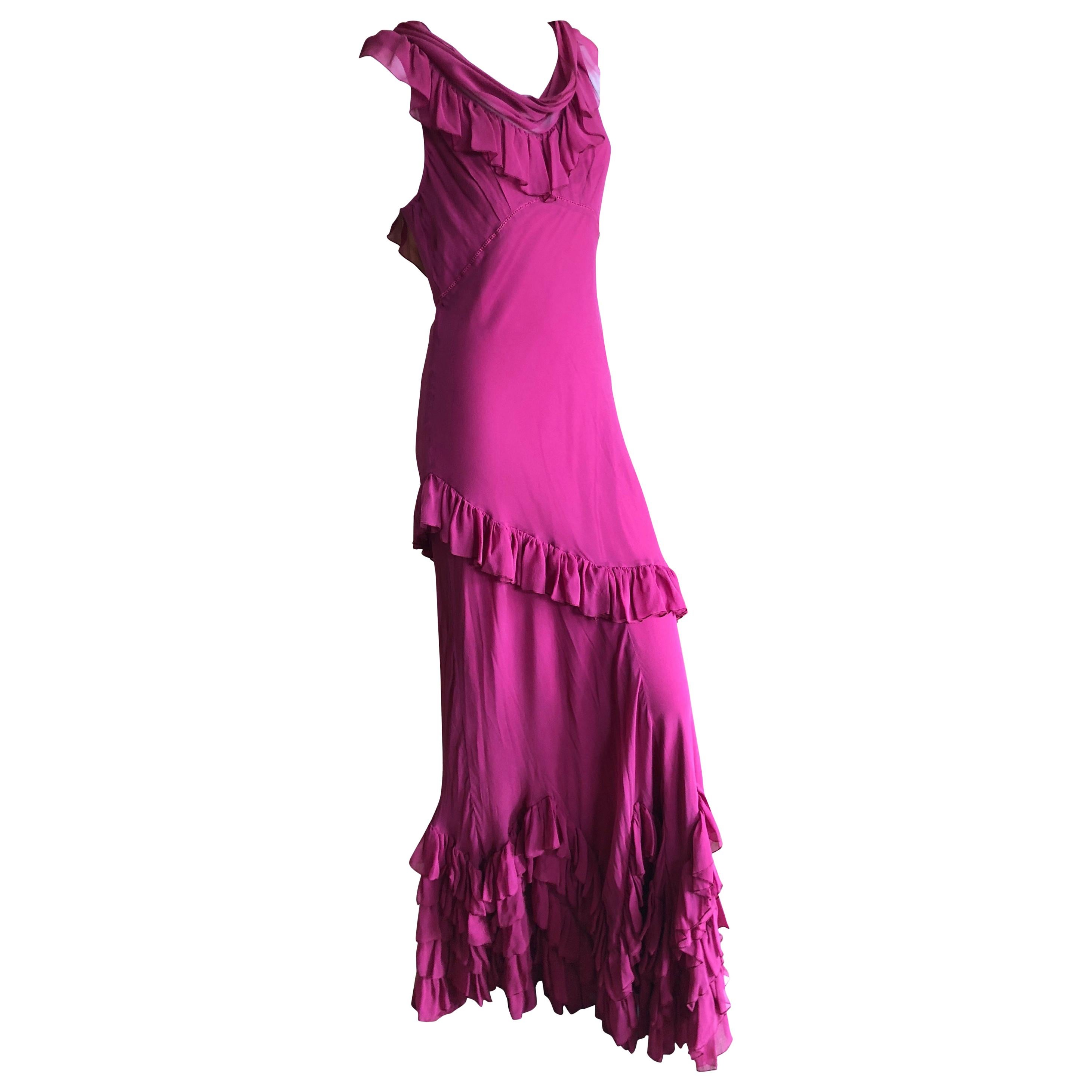 John Galliano Raspberry Sheer Vintage Silk Ruffled Evening Dress with Cowl Back  For Sale