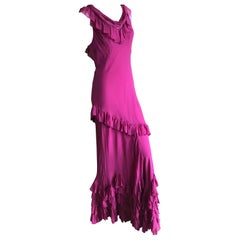 John Galliano Raspberry Sheer Vintage Silk Ruffled Evening Dress with Cowl Back 