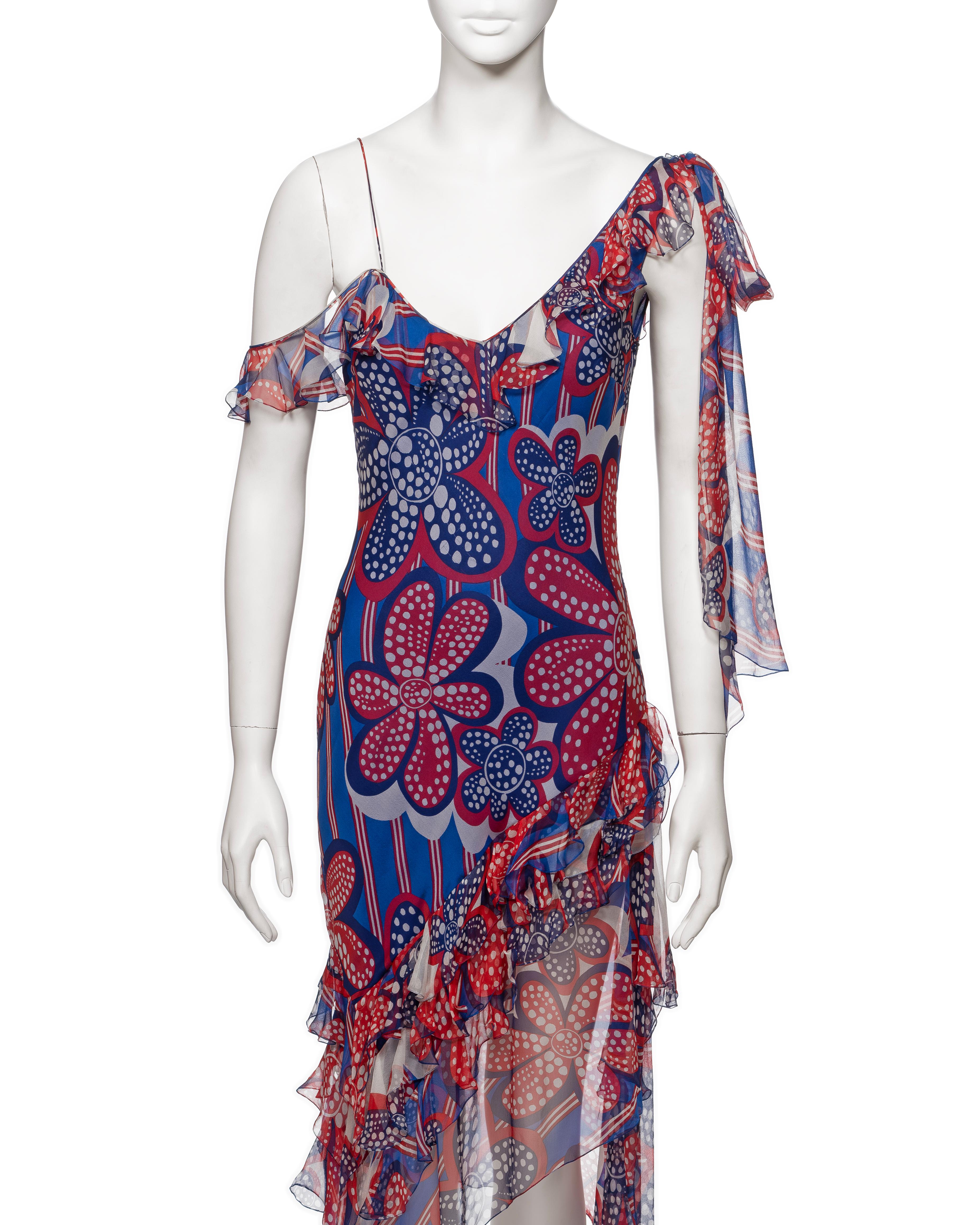 John Galliano Red and Blue Floral Print Silk Chiffon Slip Dress, SS 2002 In Excellent Condition For Sale In London, GB