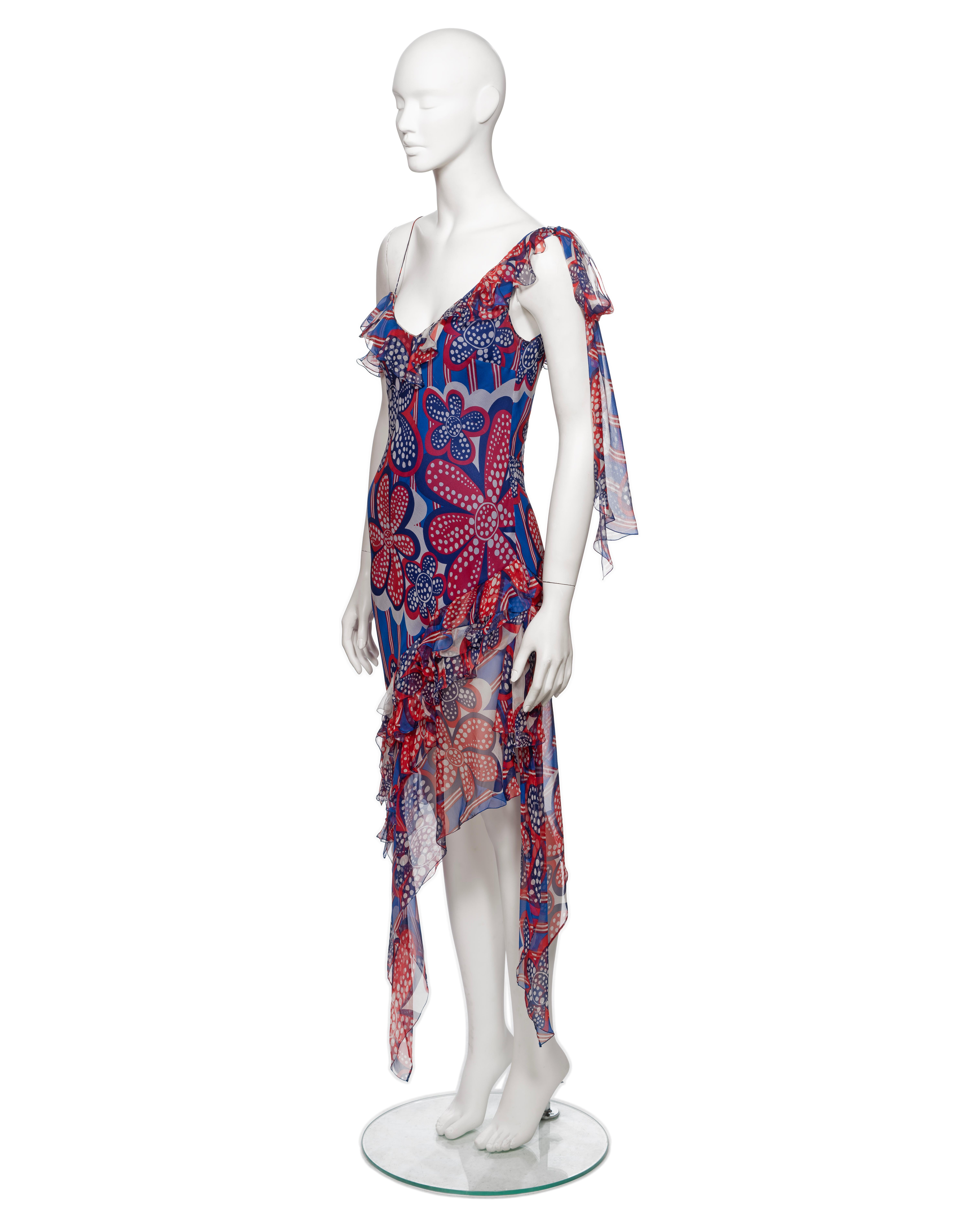 Women's John Galliano Red and Blue Floral Print Silk Chiffon Slip Dress, SS 2002 For Sale