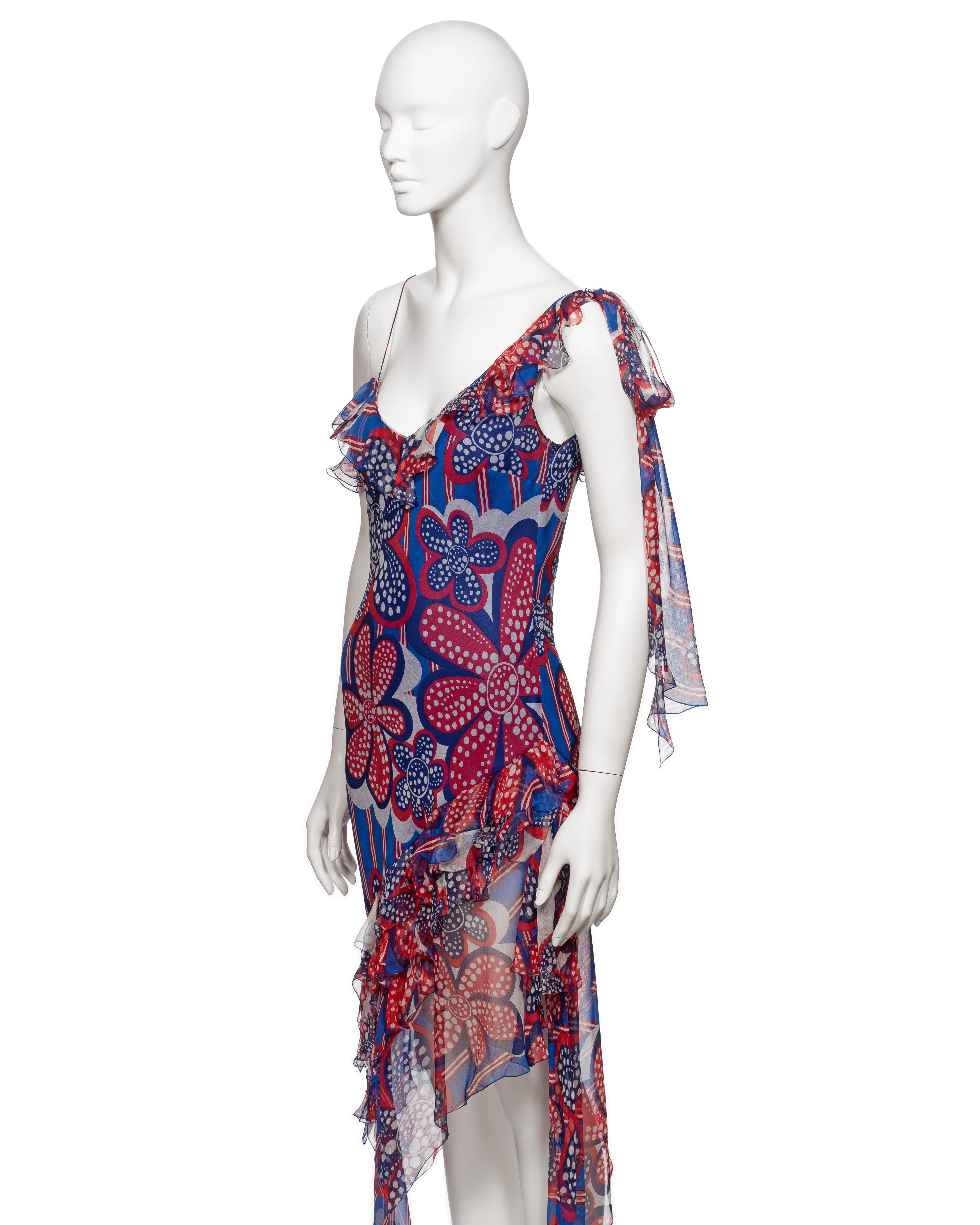 John Galliano Red and Blue Floral Print Silk Chiffon Slip Dress, SS 2002 For Sale 1