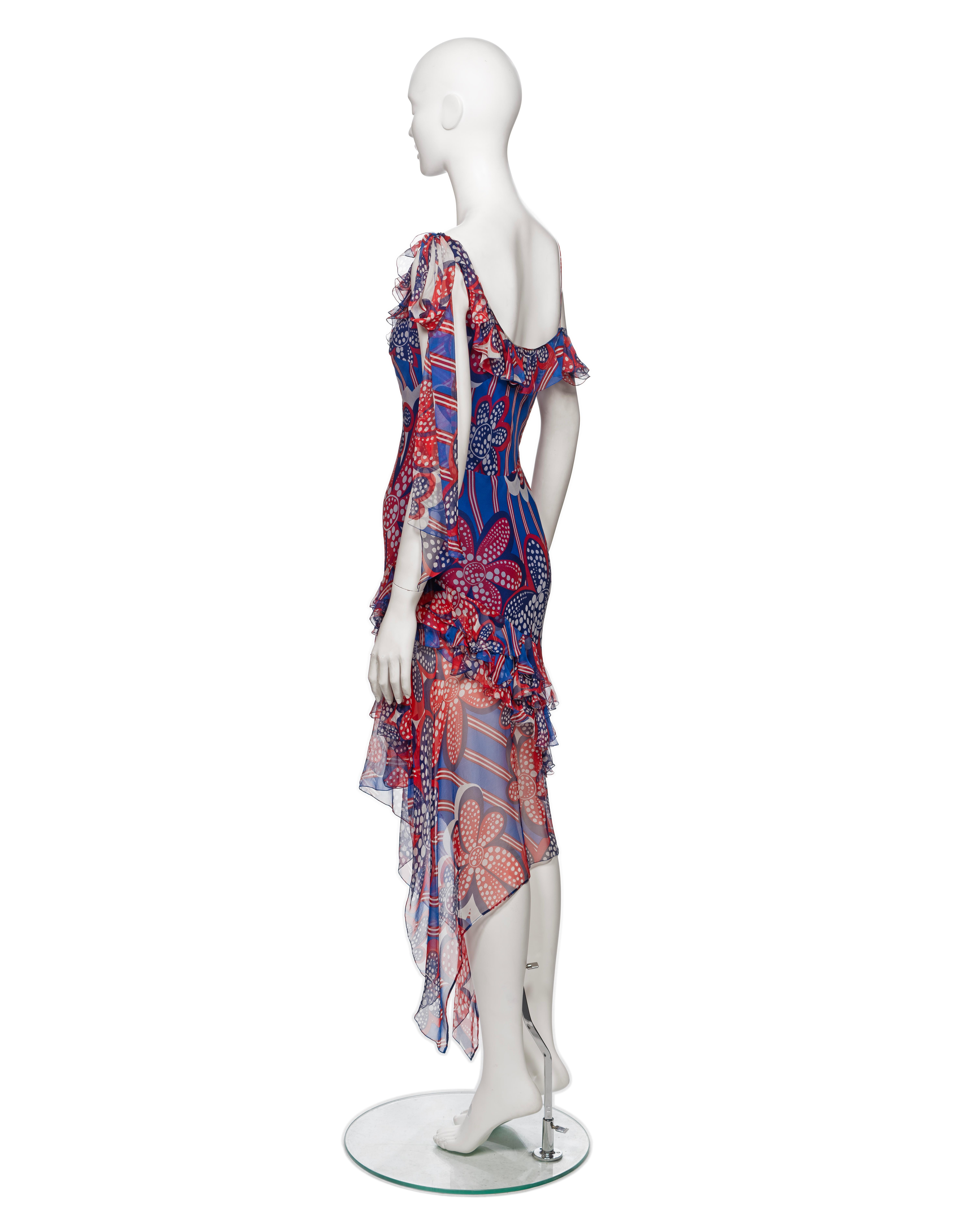 John Galliano Red and Blue Floral Print Silk Chiffon Slip Dress, SS 2002 For Sale 2