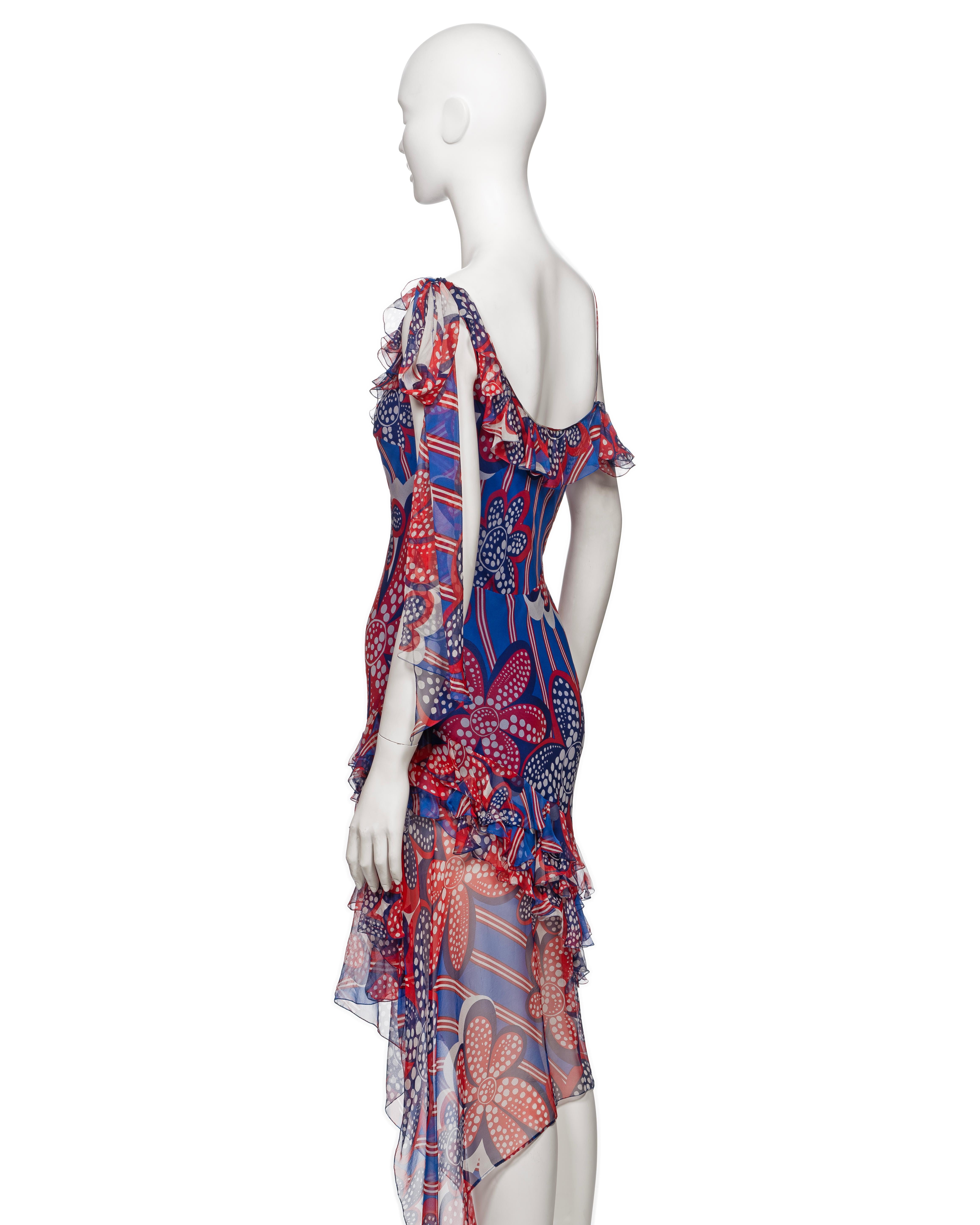 John Galliano Red and Blue Floral Print Silk Chiffon Slip Dress, SS 2002 For Sale 3