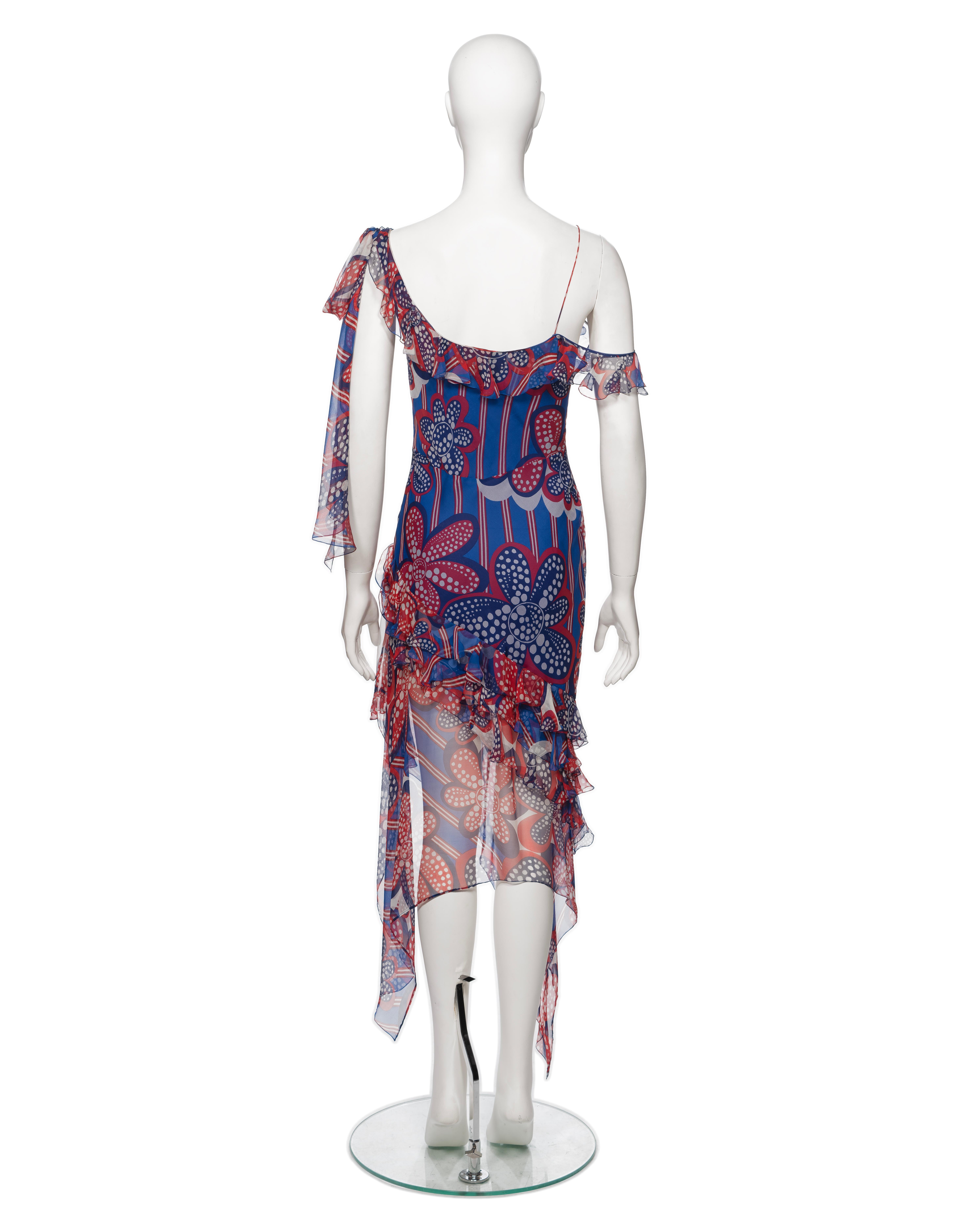 John Galliano, robe-culotte en mousseline de soie à imprimé floral rouge et bleu, printemps-été 2002 en vente 4