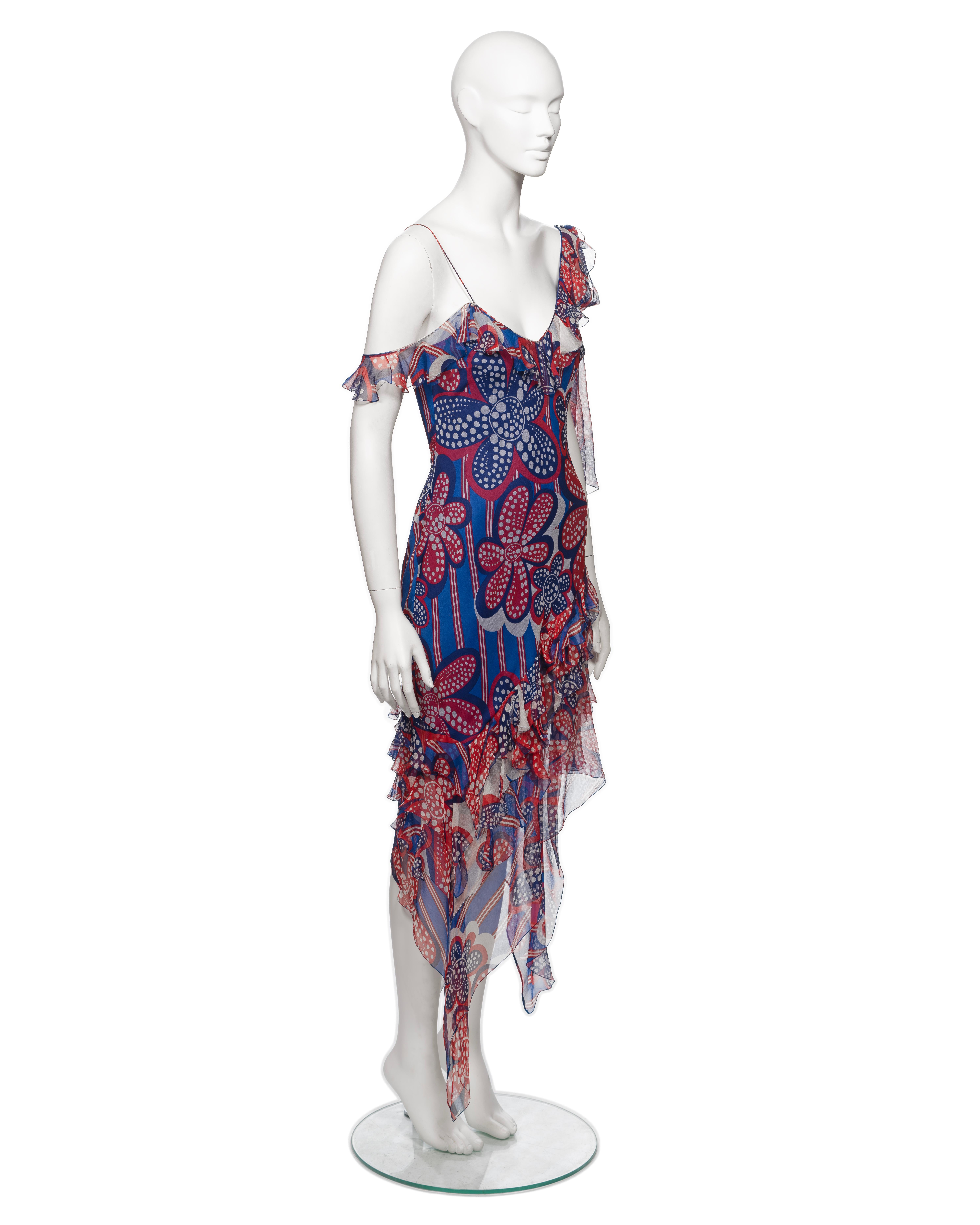 John Galliano Red and Blue Floral Print Silk Chiffon Slip Dress, SS 2002 For Sale 5