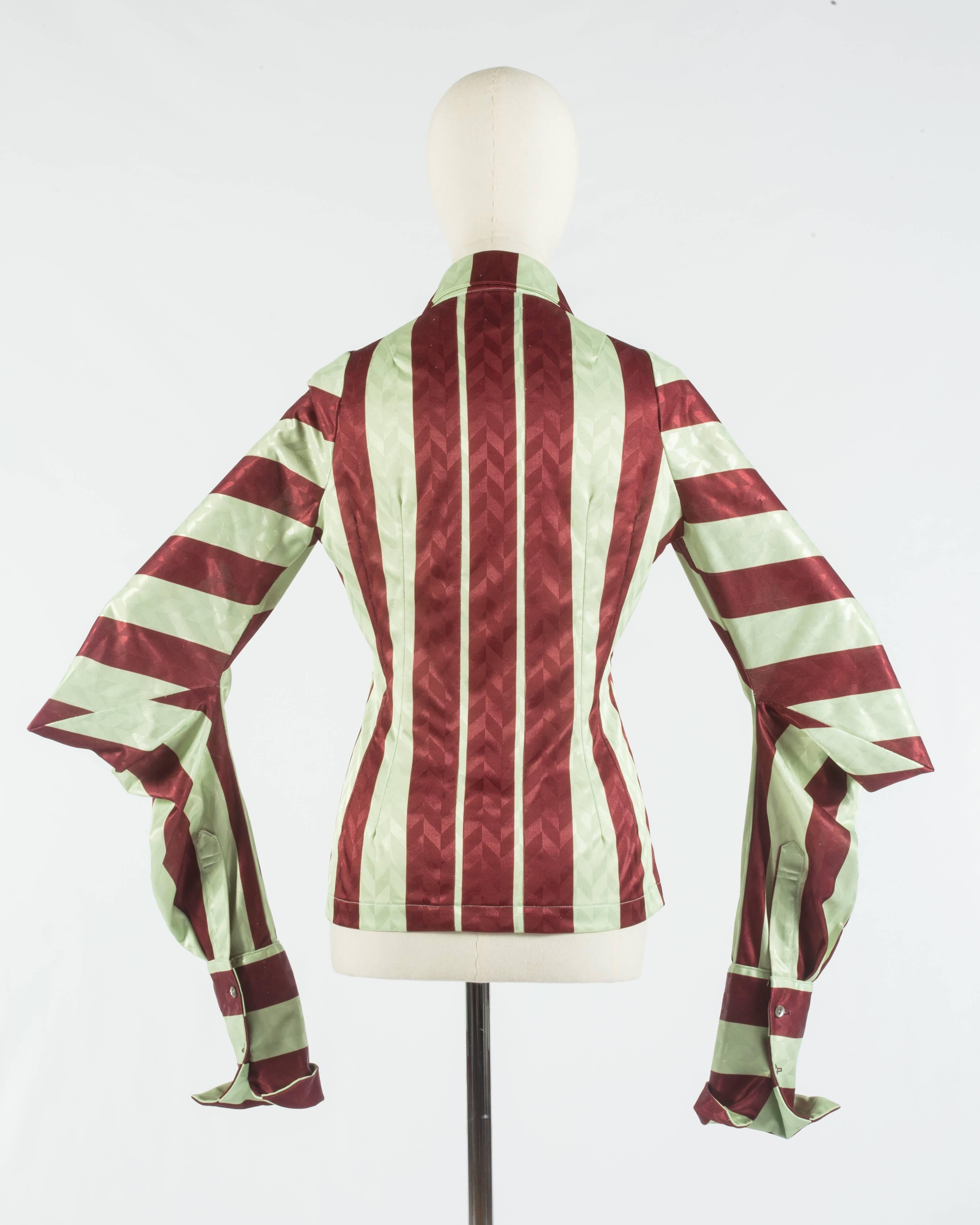 Beige John Galliano red and yellow striped blouse with squared sleeves, ss 1991