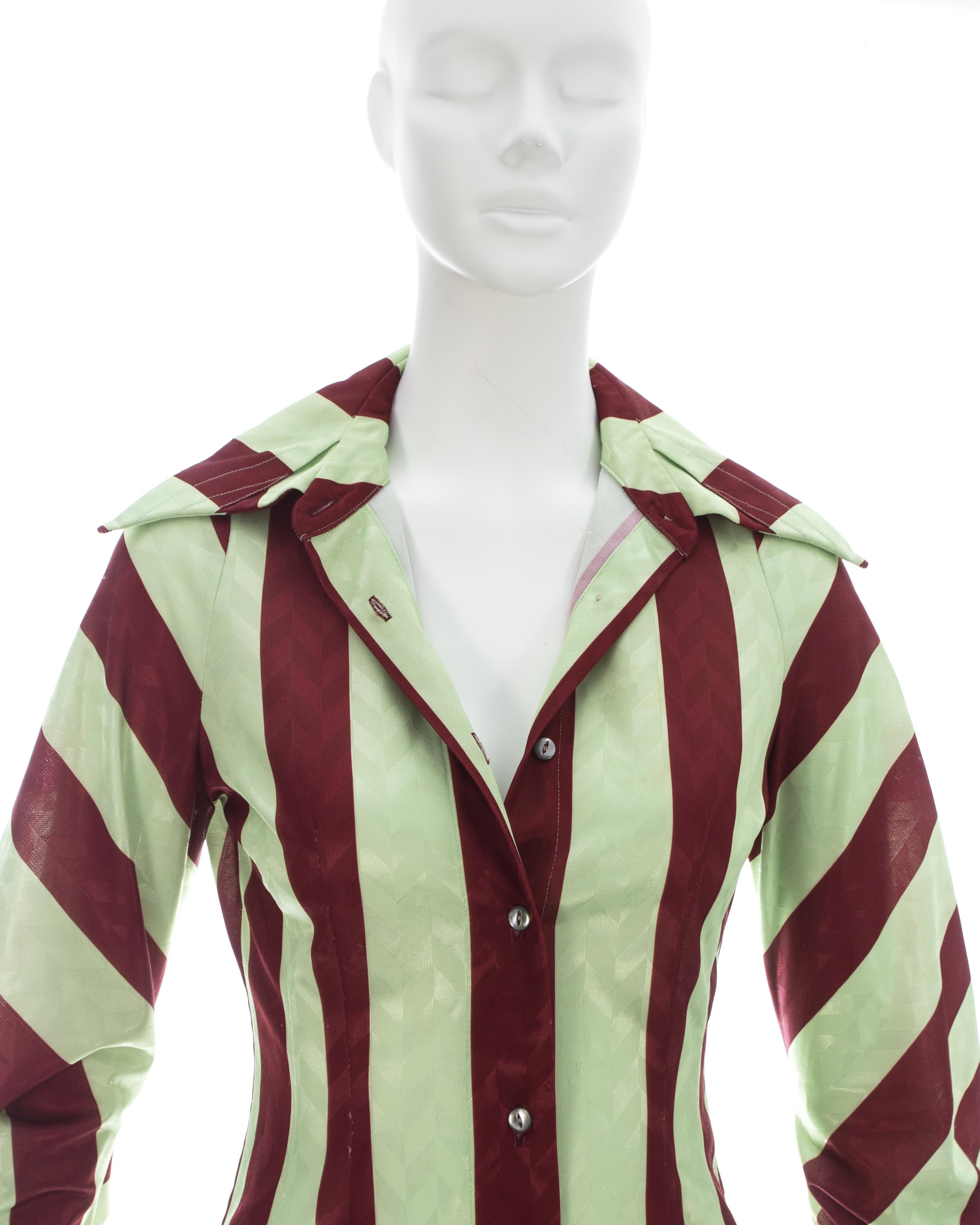 Beige John Galliano red and yellow striped polyester blouse, ca 1991