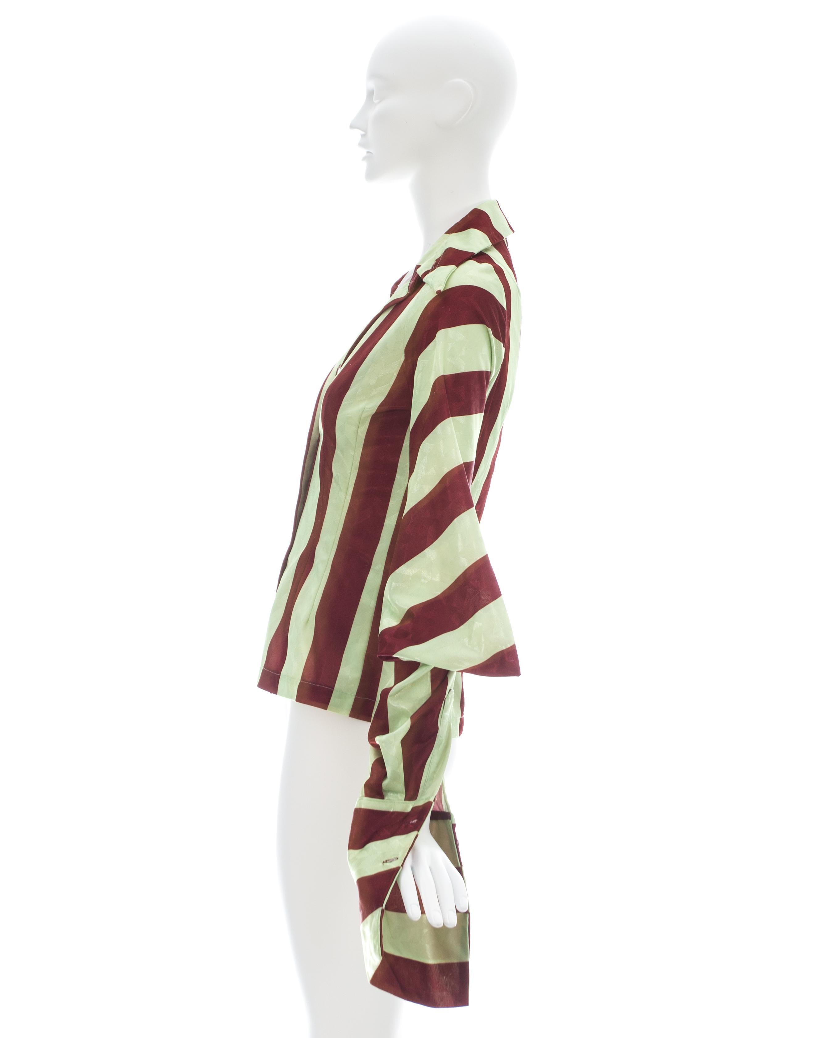 Women's John Galliano red and yellow striped polyester blouse, ca 1991