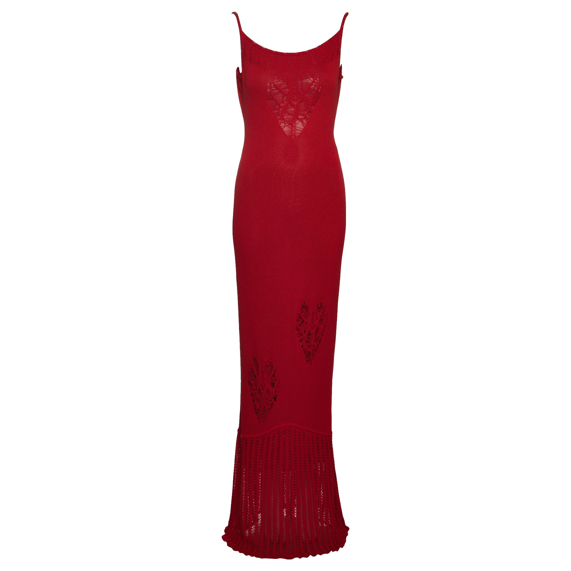 John Galliano - Robe longue en maille rouge avec découpes en forme de cœur, printemps-été 2000 en vente