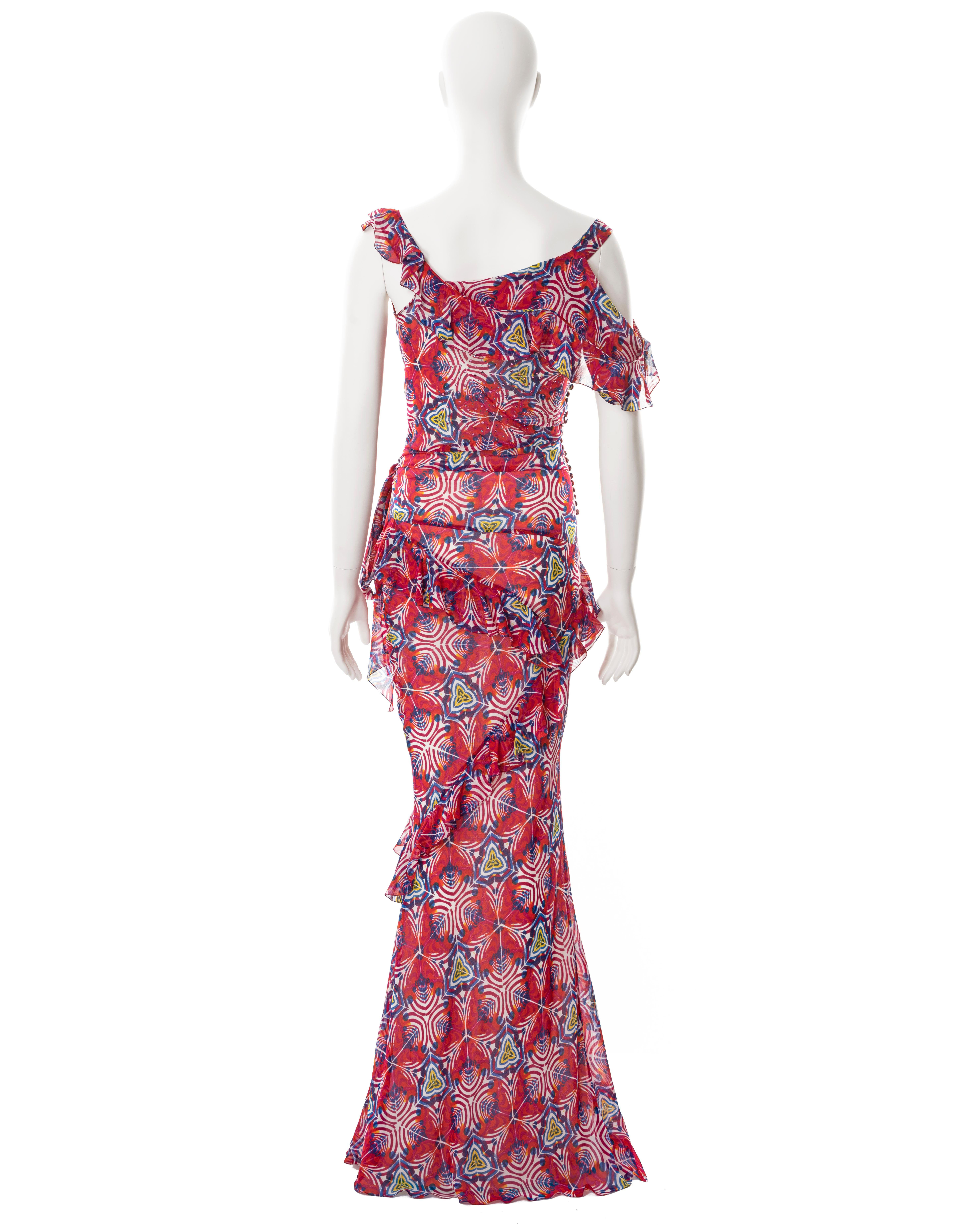 John Galliano red printed silk chiffon evening dress, ss 2002 For Sale 4