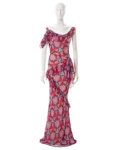 John Galliano red printed silk chiffon evening dress, ss 2002
