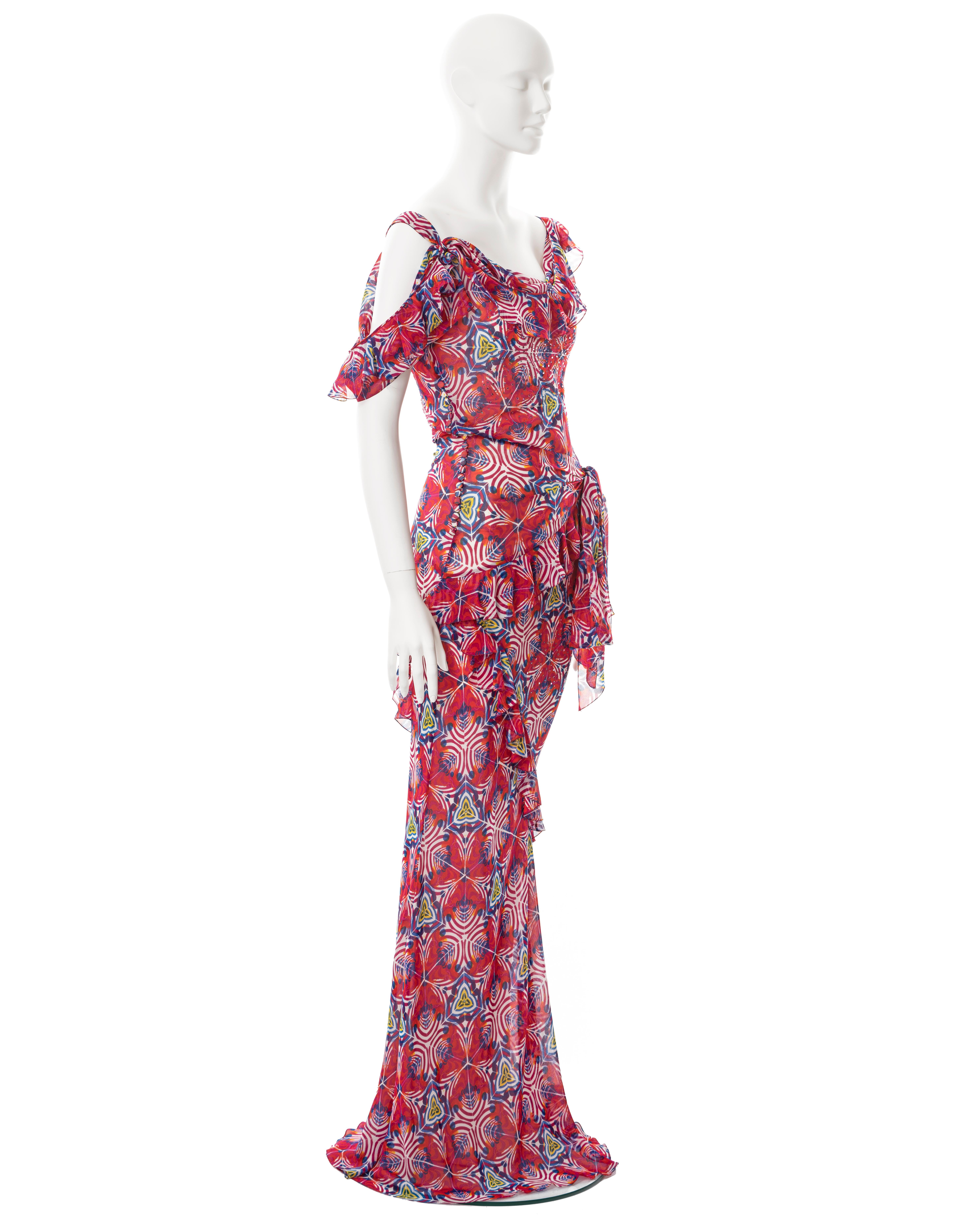 Women's John Galliano red printed silk chiffon evening dress, ss 2002 For Sale