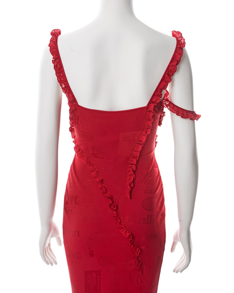 John Galliano Red Viscose 3/4 Sleeves Deep Round Neck Sheath Dress