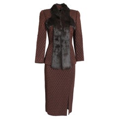 John Galliano Rex Rabbit Trim Jacket & Skirt Suit 2pc Set Silk & Wool Knit Sz 6