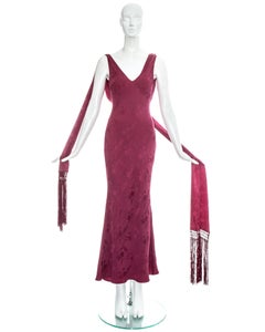 John Galliano rose pink silk brocade evening dress with fringed scarf, ss 1998