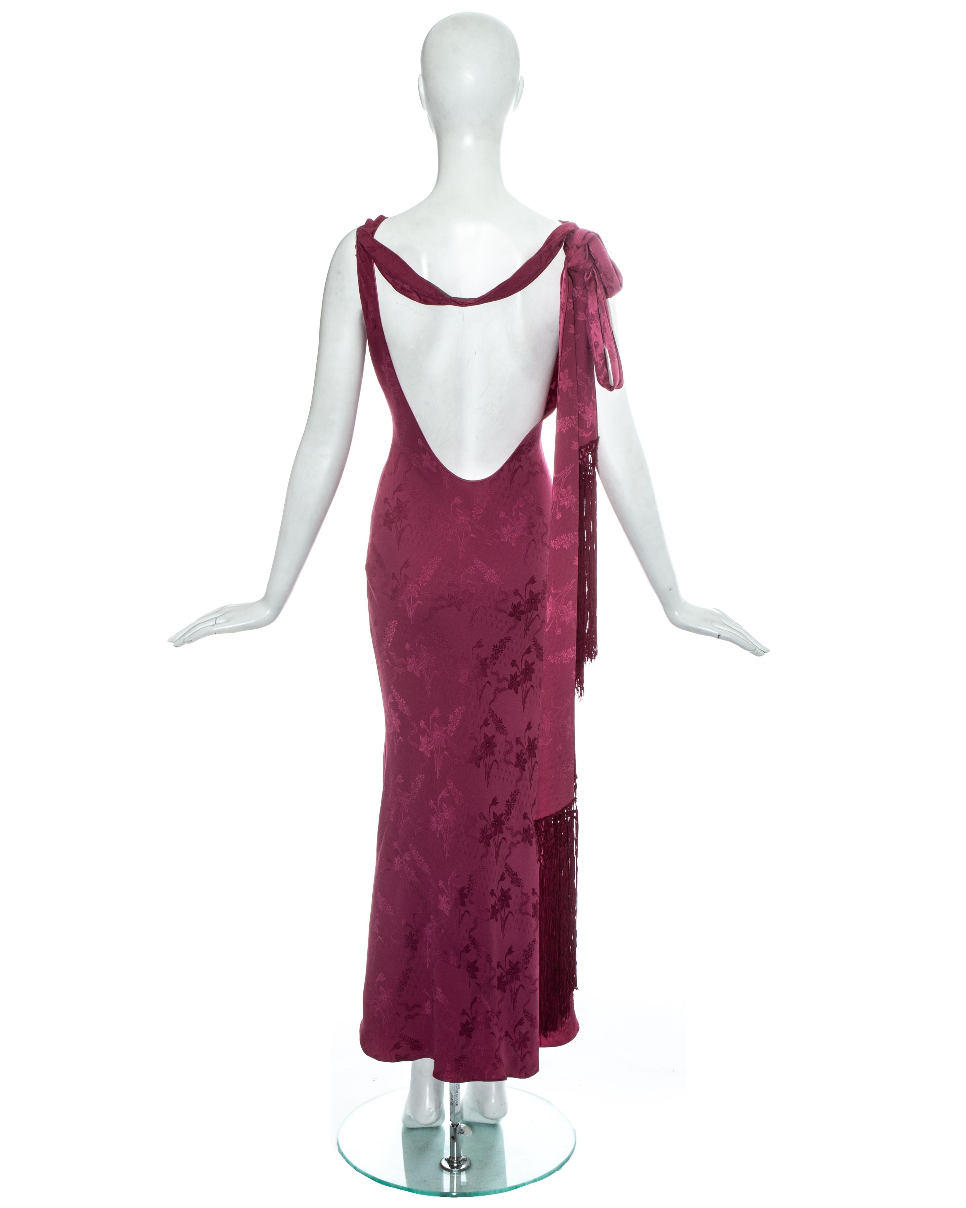 Brown John Galliano rose pink silk brocade evening dress with fringed scarf, ss 1998 For Sale