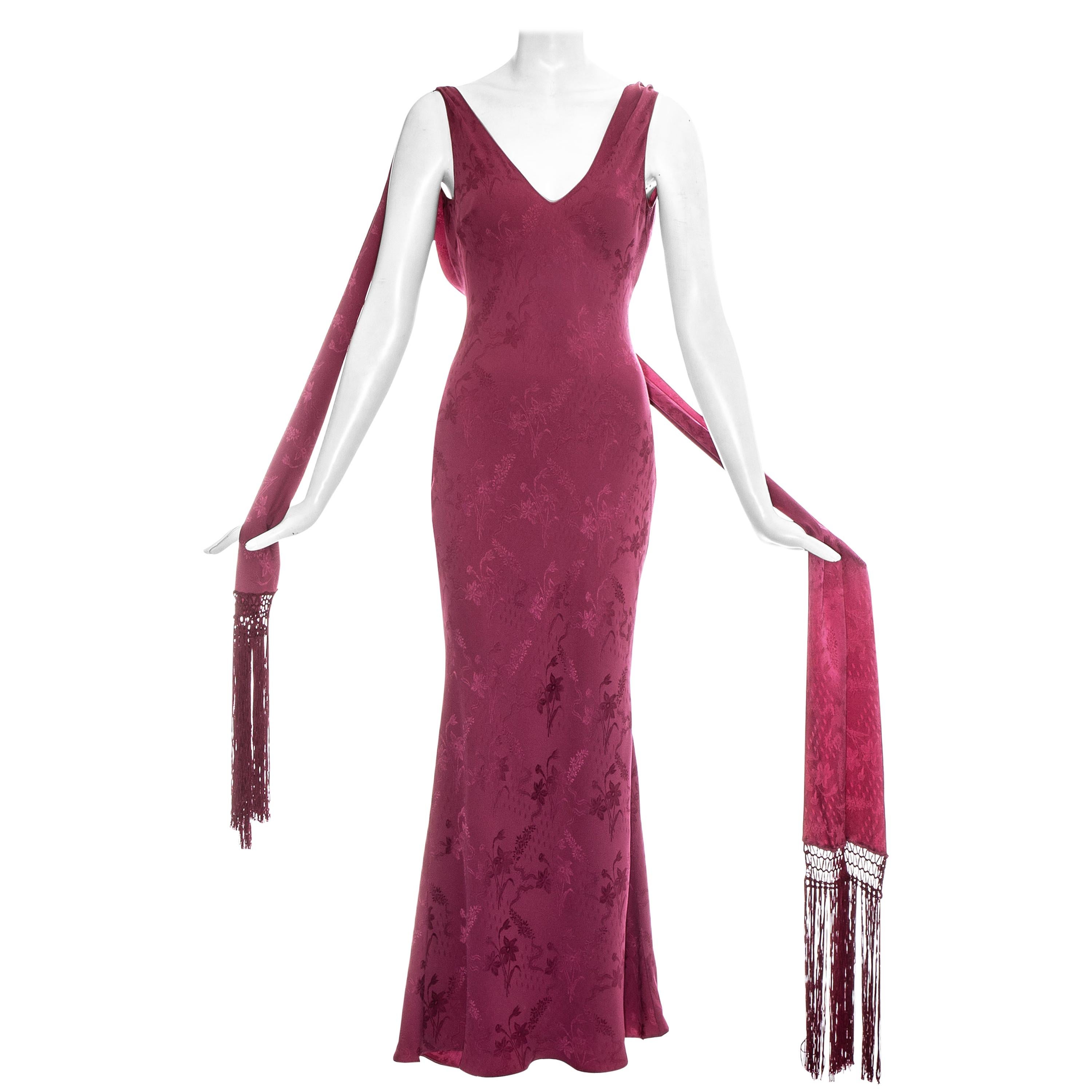 John Galliano rose pink silk brocade evening dress with fringed scarf, ss 1998 For Sale