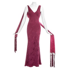 Used John Galliano rose pink silk brocade evening dress with fringed scarf, ss 1998