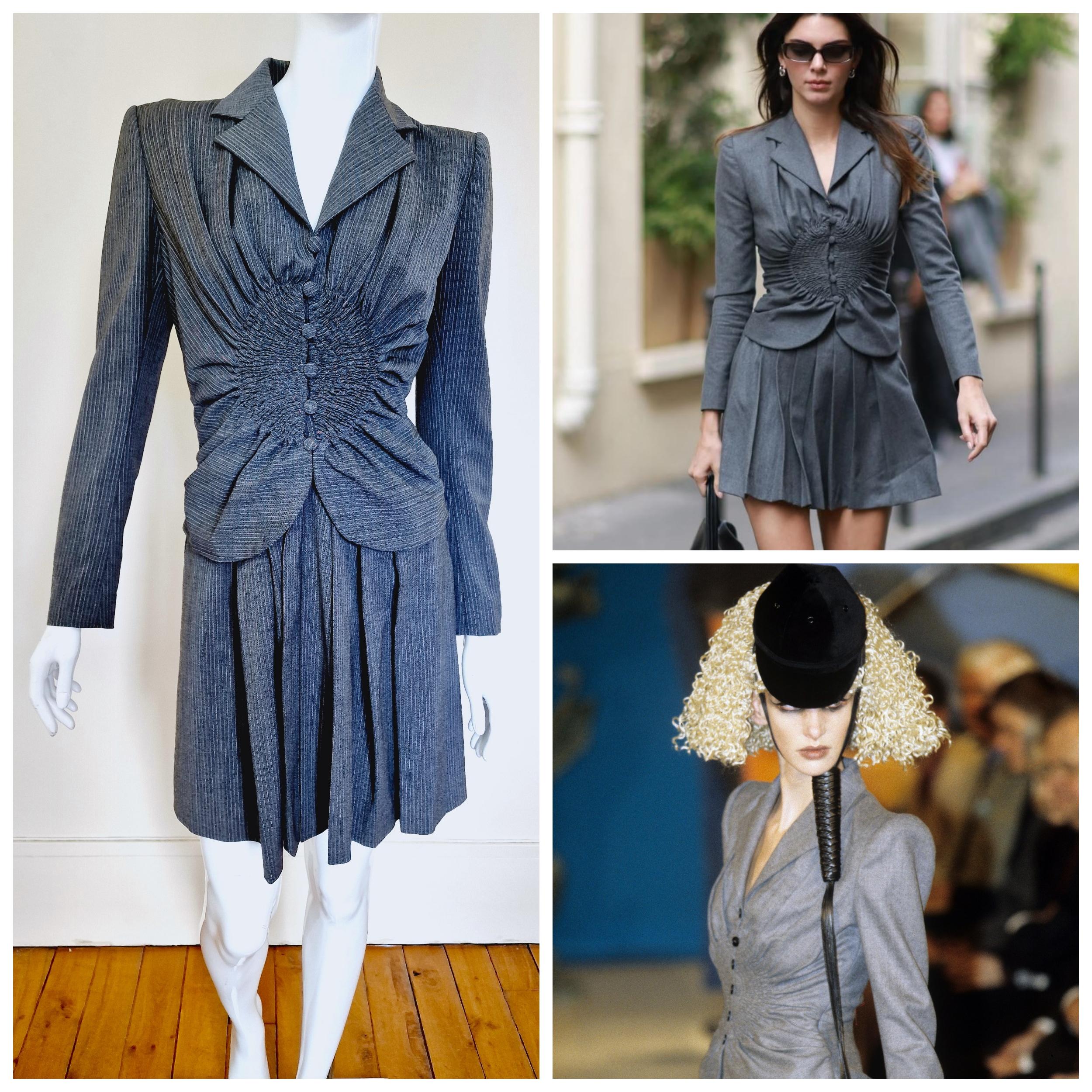 Women's John Galliano Runway 1997 A/W Suzy Phinix Ruched Gray Kendall Jenner Suit Dress
