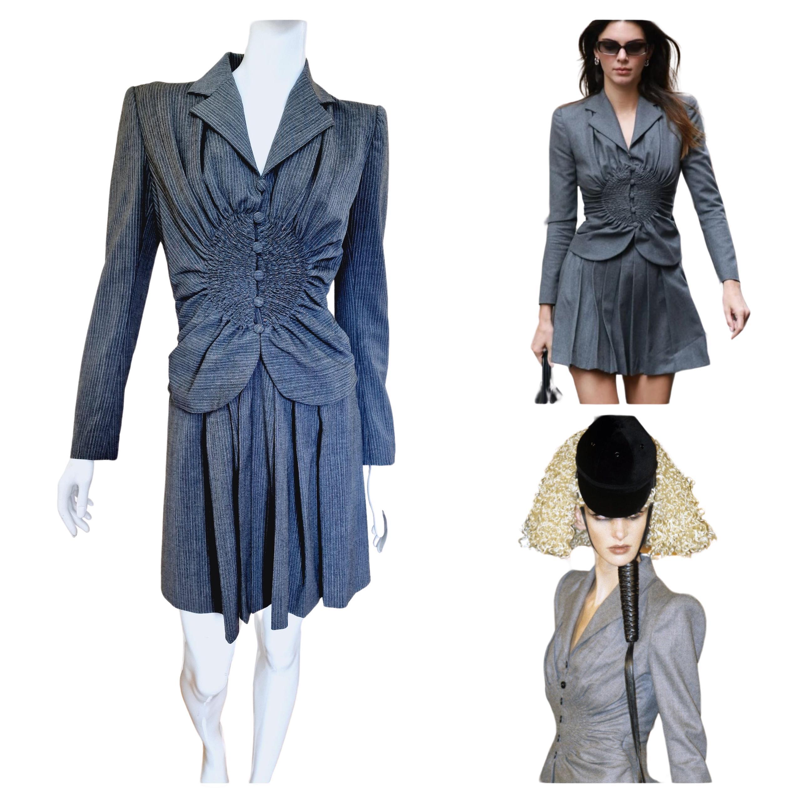 John Galliano Runway 1997 A/W Suzy Phinix Ruched Gray Kendall Jenner Suit Dress