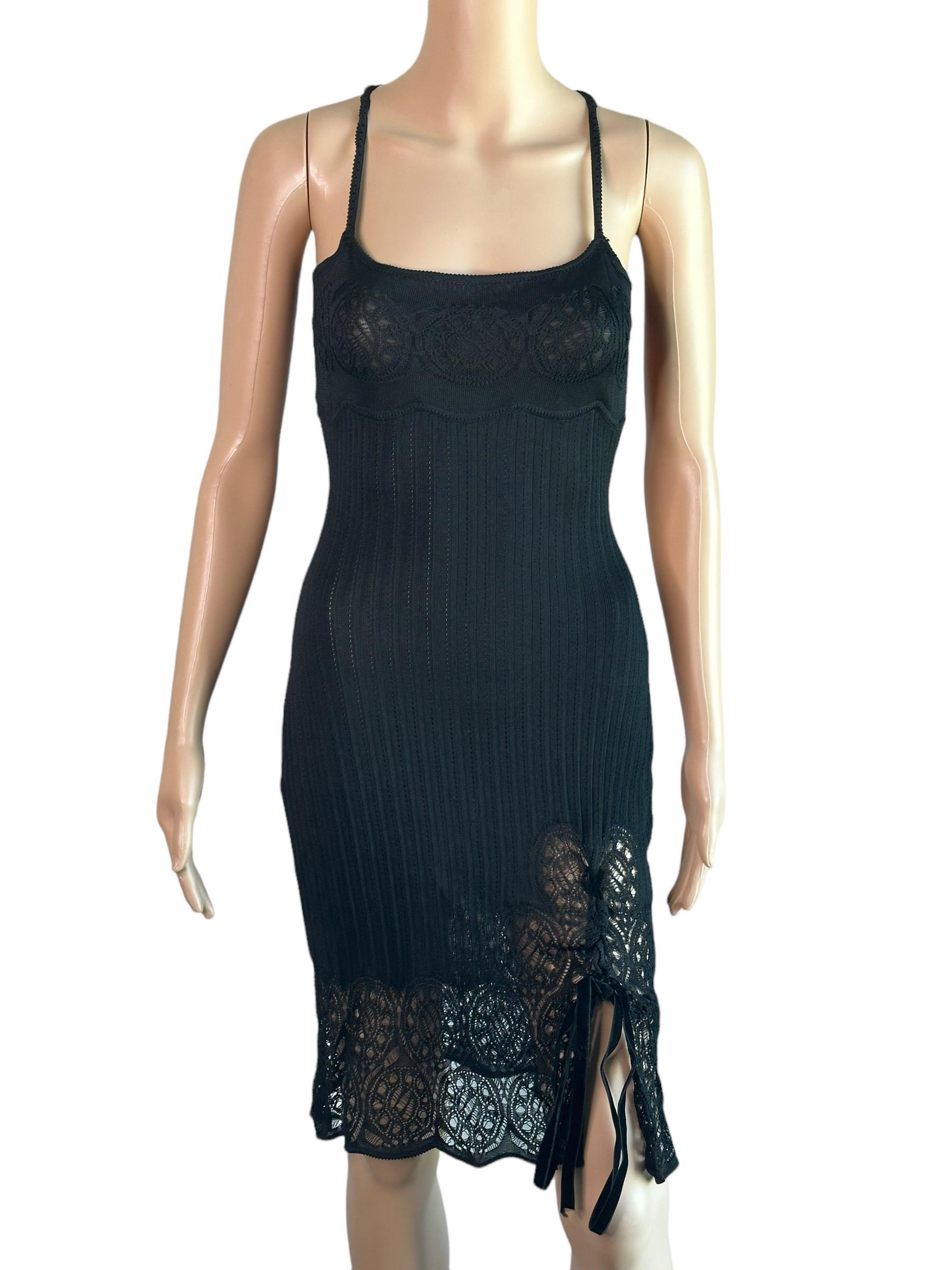 Women's or Men's John Galliano S/S 1999 Sheer Lace Open Knit Black Mini Dress For Sale