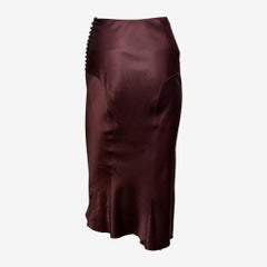 John Galliano S/S 2000 Burgundy Satin Bias-Cut Button-Detail Midi Skirt