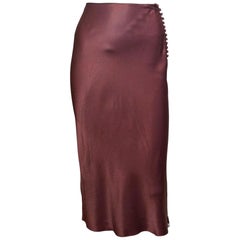 John Galliano S/S 2000 Burgundy Satin Bias-Cut Button-Detail Midi Skirt