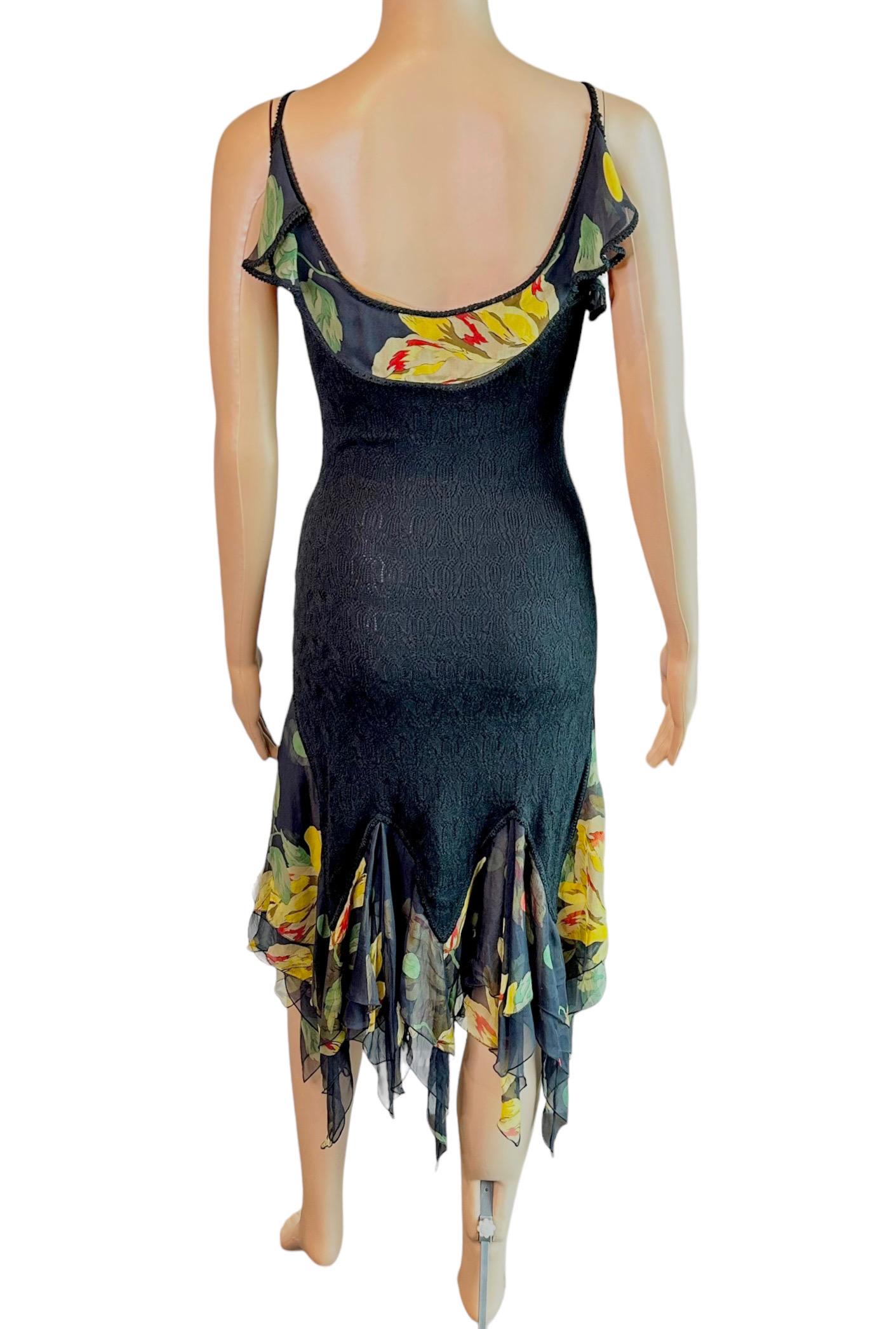 John Galliano S/S 2004 Sheer Lace Open Knit Floral Print Silk Ruffles Midi Dress In Good Condition For Sale In Naples, FL