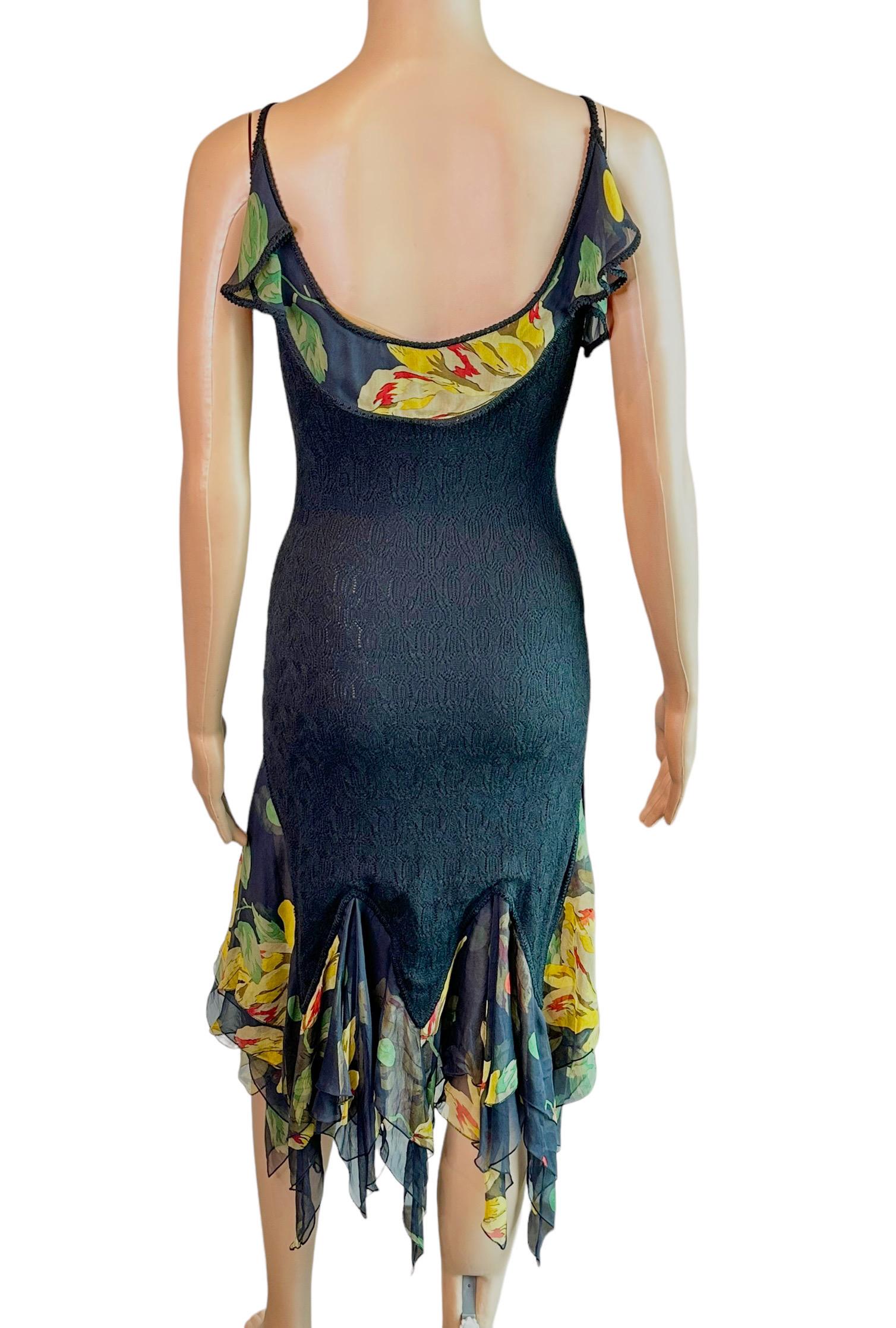 Women's or Men's John Galliano S/S 2004 Sheer Lace Open Knit Floral Print Silk Ruffles Midi Dress For Sale