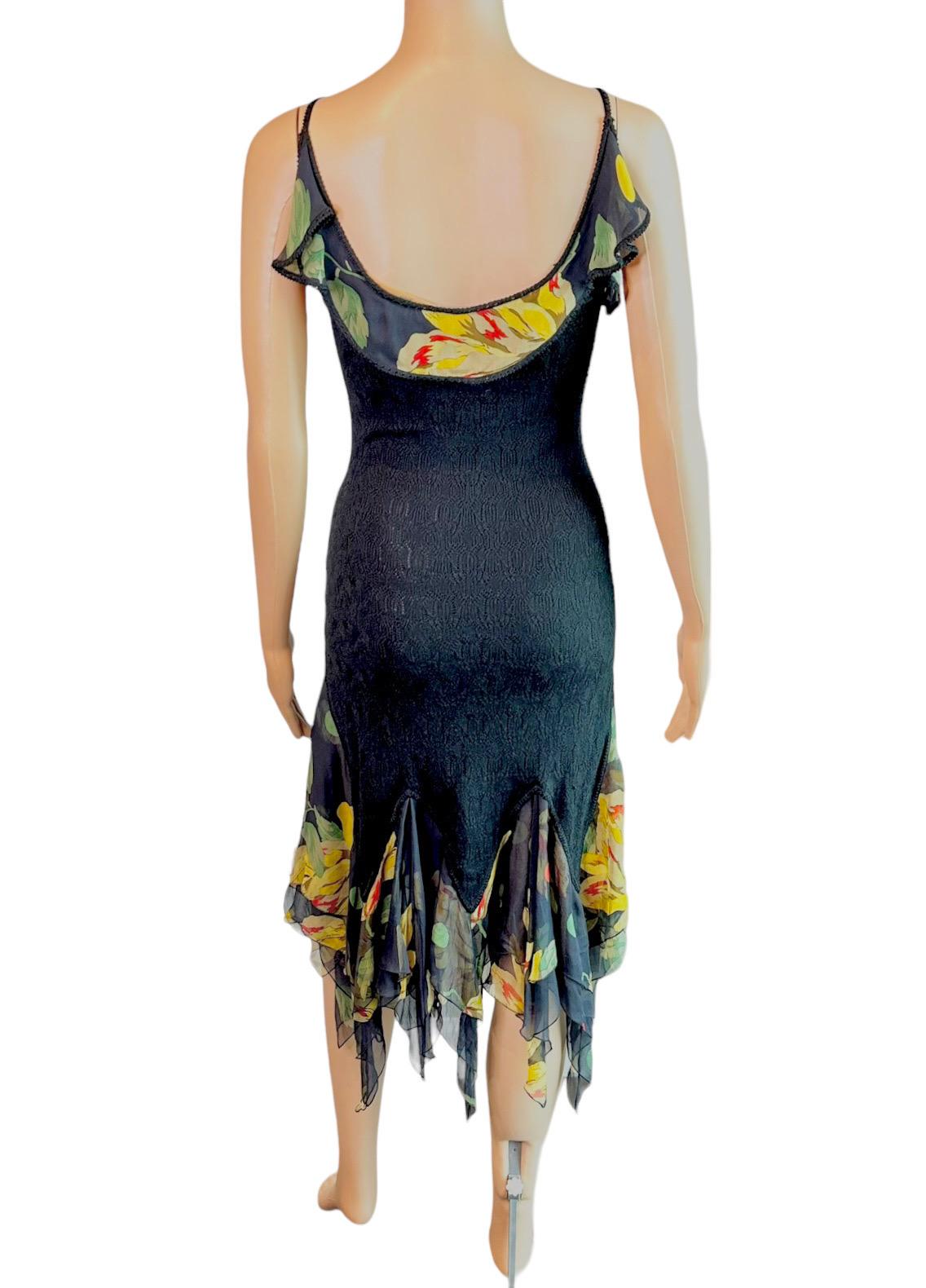 John Galliano S/S 2004 Sheer Lace Open Knit Floral Print Silk Ruffles Midi Dress For Sale 1