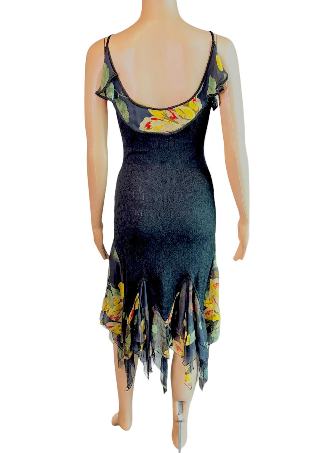 Women's or Men's John Galliano S/S 2004 Sheer Lace Open Knit Floral Print Silk Ruffles Midi Dress