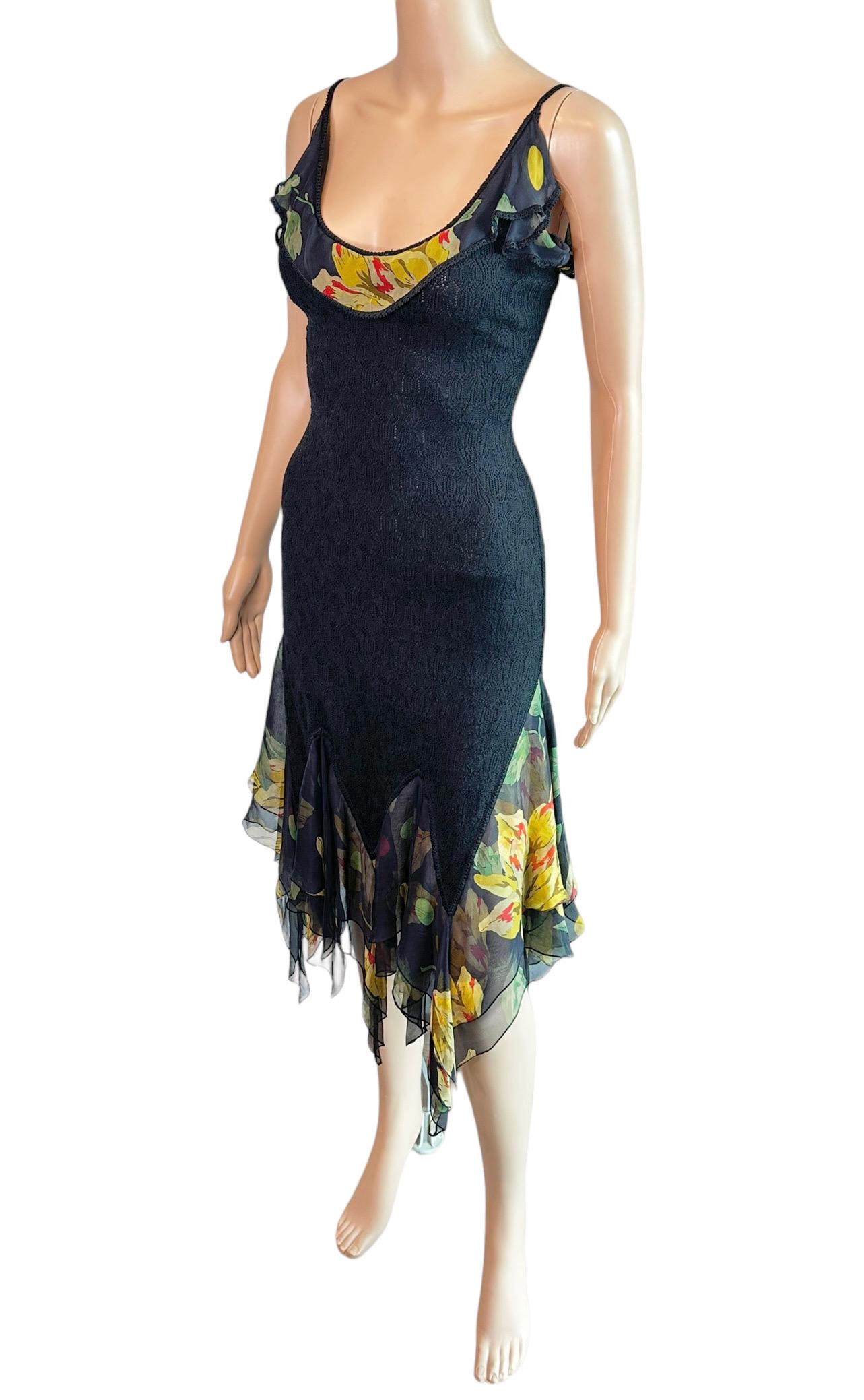 John Galliano S/S 2004 Sheer Lace Open Knit Floral Print Silk Ruffles Midi Dress 1