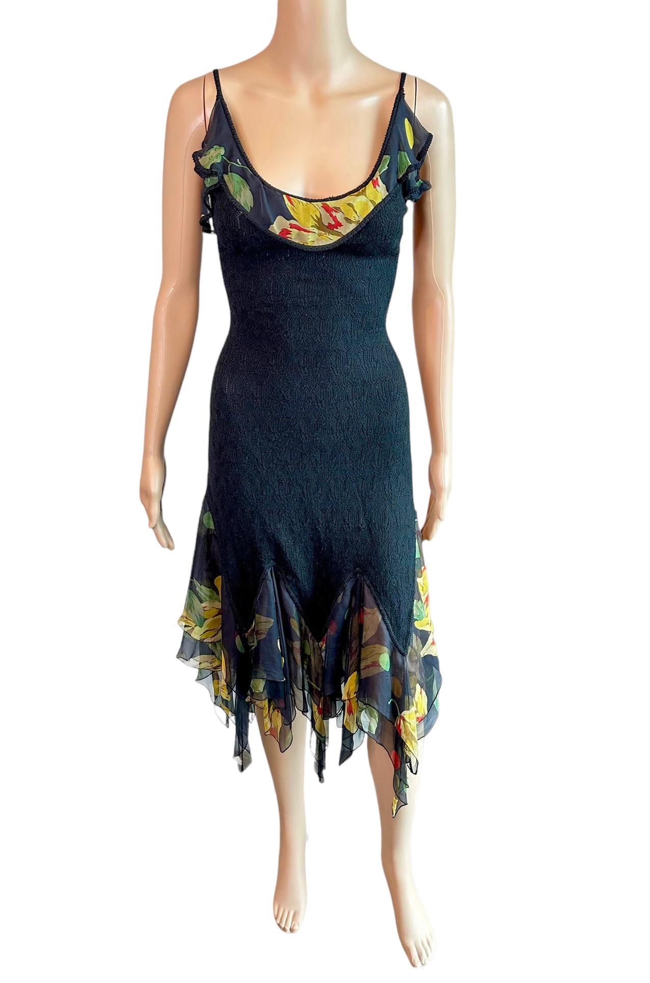 John Galliano S/S 2004 Sheer Lace Open Knit Floral Print Silk Ruffles Midi Dress For Sale 3