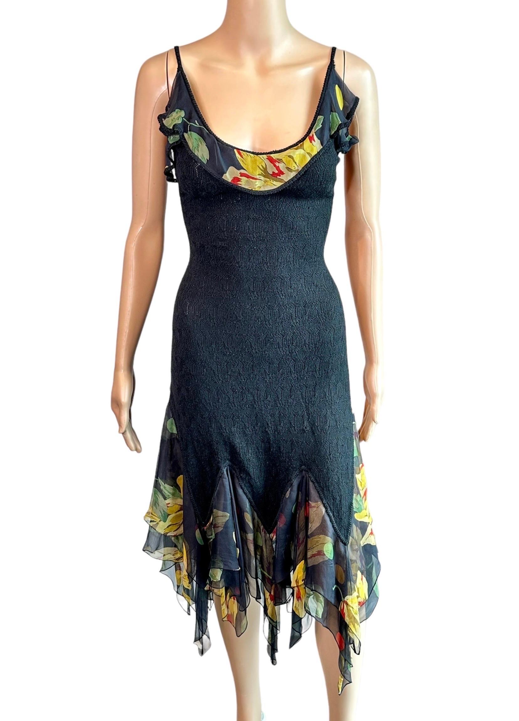 John Galliano S/S 2004 Sheer Lace Open Knit Floral Print Silk Ruffles Midi Dress For Sale 5