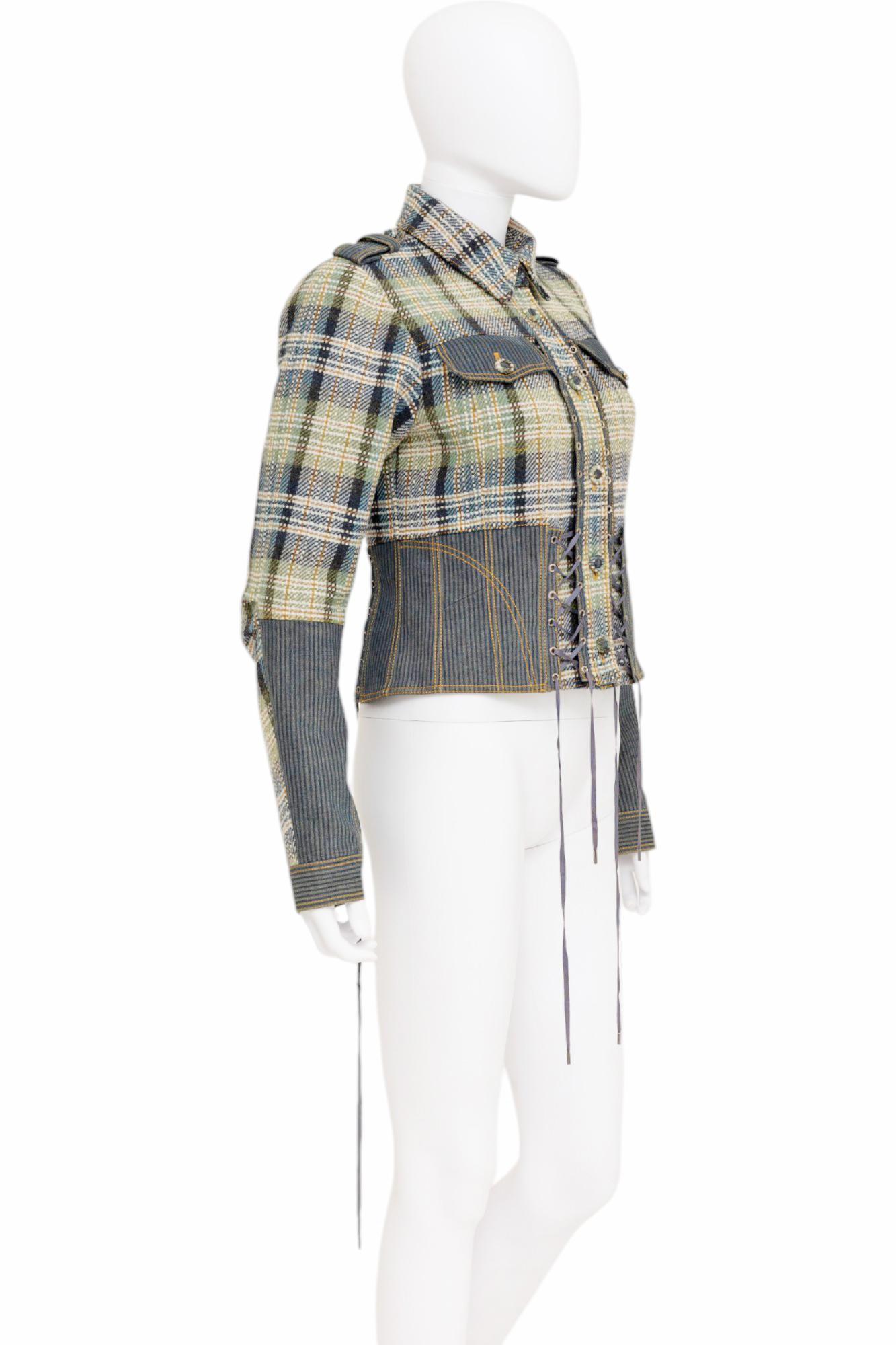 Gray John Galliano S/S 2005 - Veste en soie verte et bleue à carreaux Bondage en vente