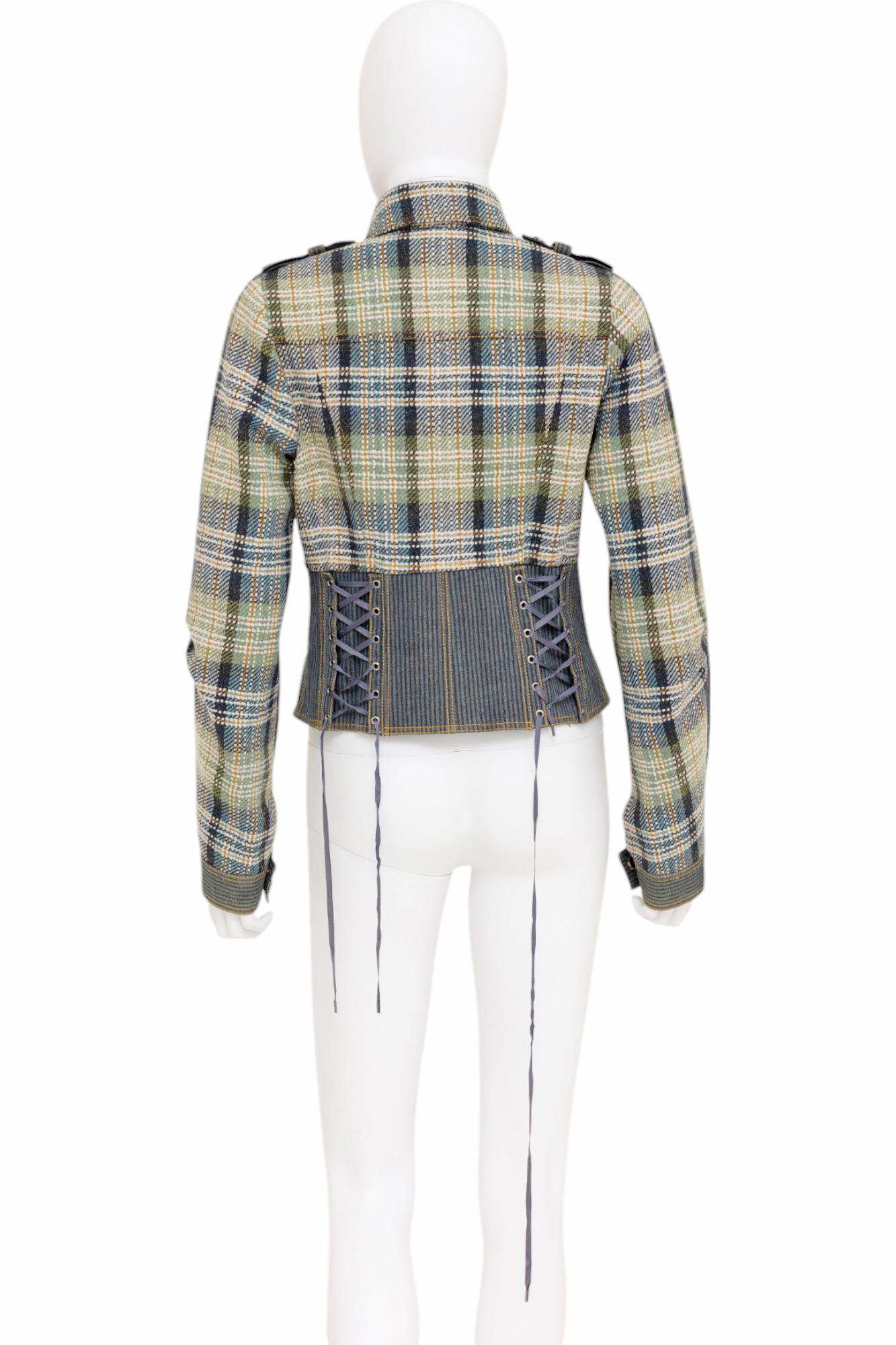 John Galliano S/S 2005 - Veste en soie verte et bleue à carreaux Bondage Excellent état - En vente à Caserta, IT